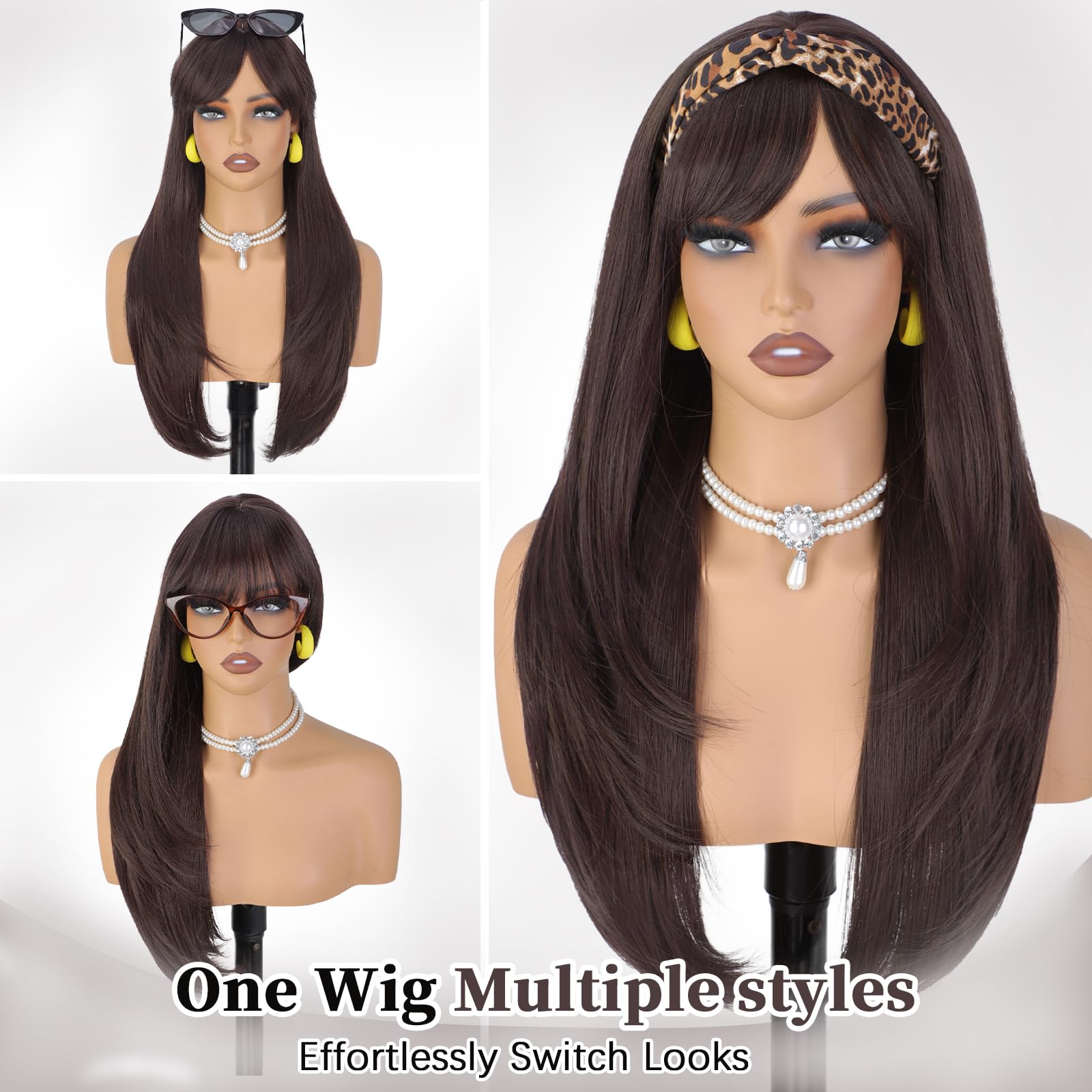 XIXIBI Wig with Bangs for Women,Long Straight,Brown Blonde Highlight