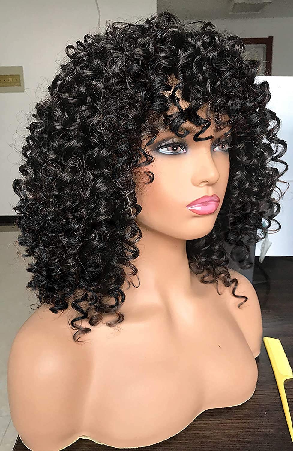 Curly Afro Wigs for Black Women Kinky Curly Wig with Bangs Synthetic Fiber Natural Looking Glueless Hair for Daily Wear
