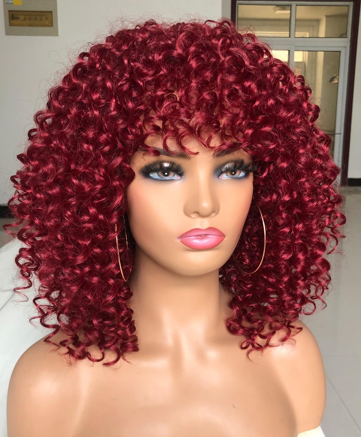 Curly Afro Wigs for Black Women Kinky Curly Wig with Bangs Synthetic Fiber Natural Looking Glueless Hair for Daily Wear