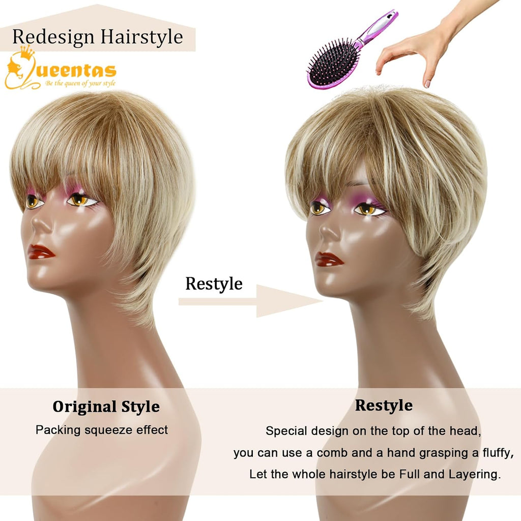 8" Layered Pixie Cut Synthetic Wig for Women Blonde Mixed Brown with Roots