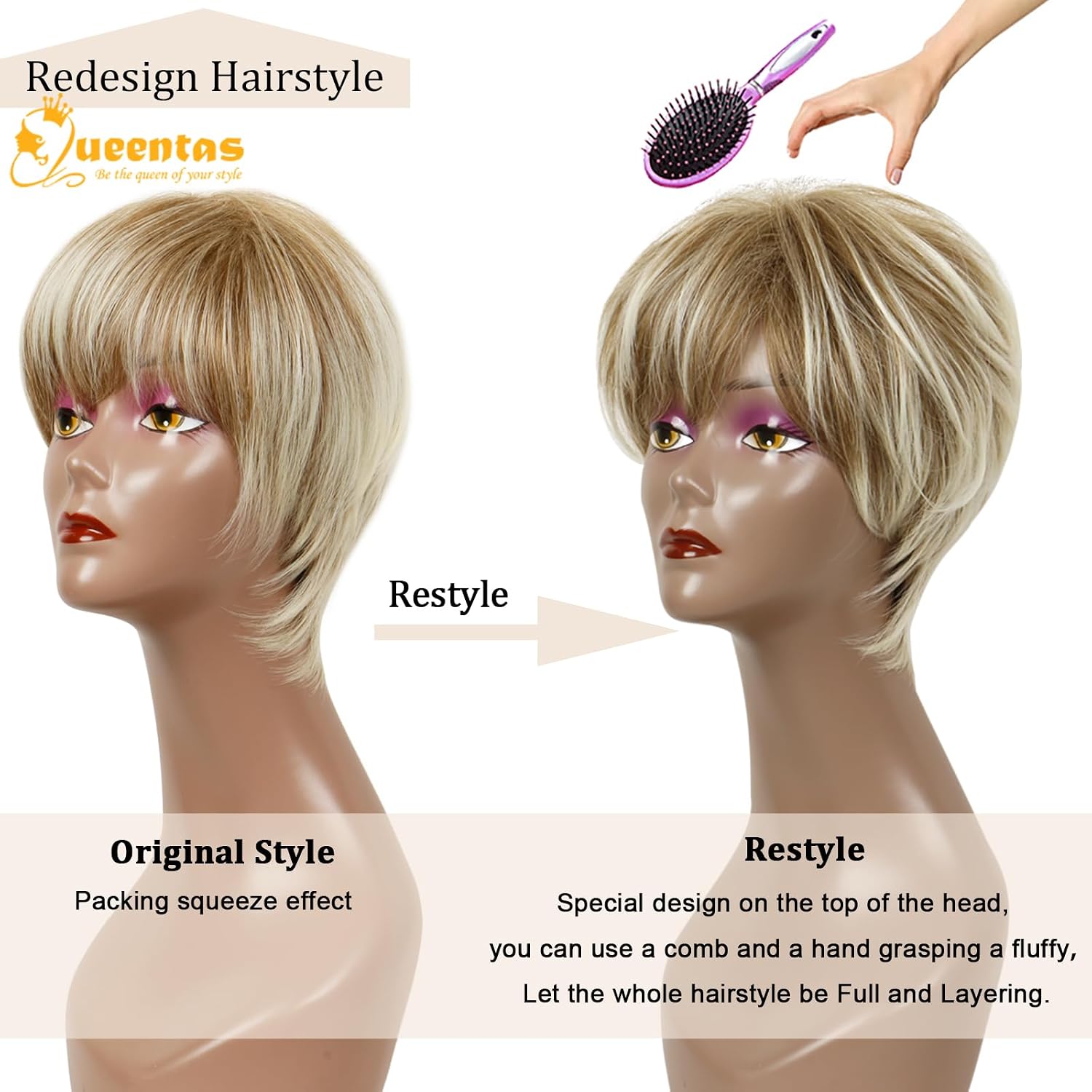 8" Layered Pixie Cut Synthetic Wig for Women Blonde Mixed Brown with Roots