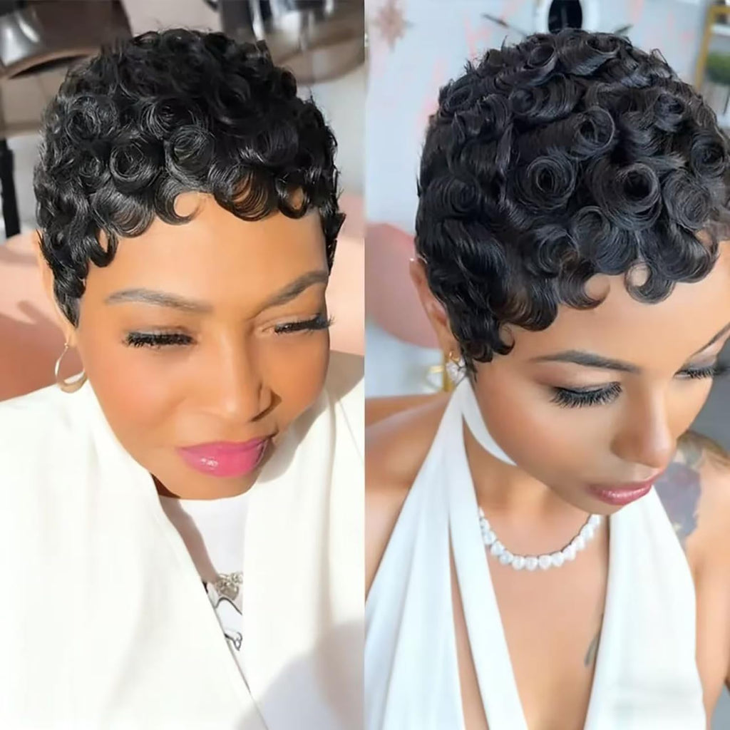 VRZ Pixie Cut Wigs for Black Women Brazilian Curly Pixie Cut Wig Human Hair Glueless Short Layered Wigs With Bangs Natural Black Color No Glue Human Hair Wig for Daily Use