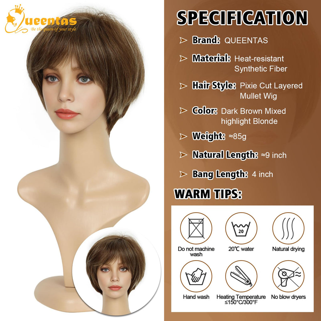 8" Layered Pixie Cut Synthetic Wig for Women Blonde Mixed Brown with Roots
