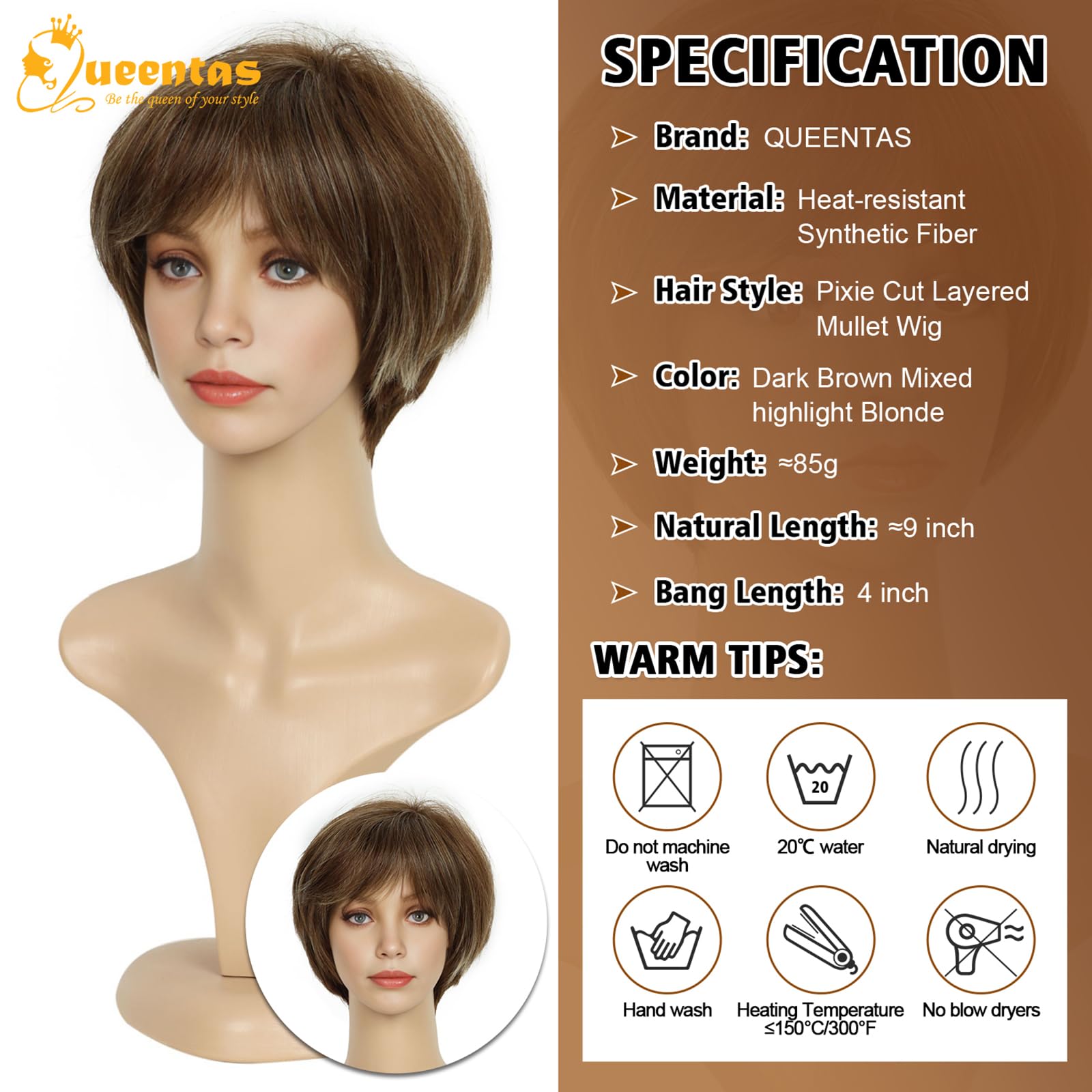 8" Layered Pixie Cut Synthetic Wig for Women Blonde Mixed Brown with Roots