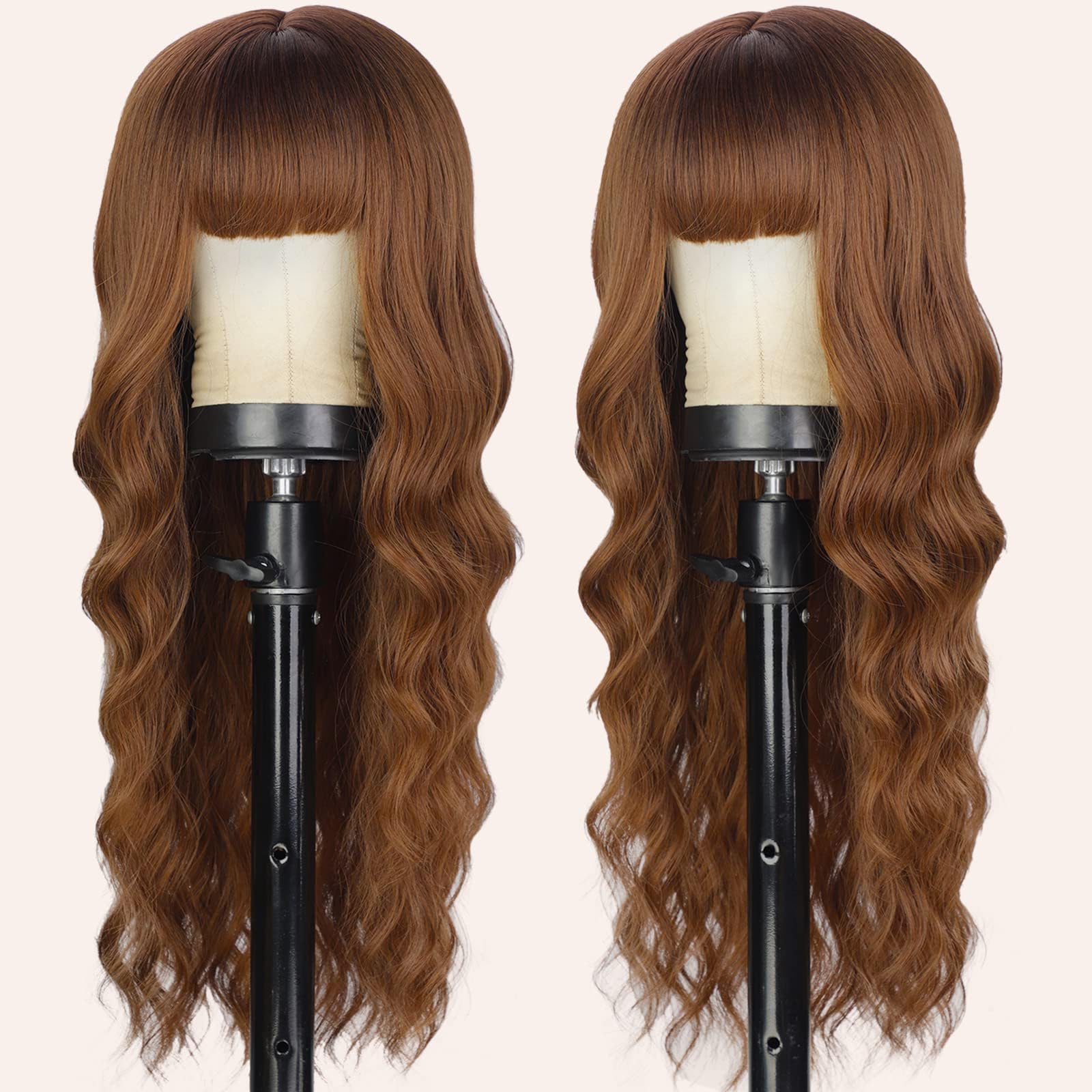 Lativ Ombre Blonde Brown Wig with Bangs Long Wavy Curly Wig with Brown End