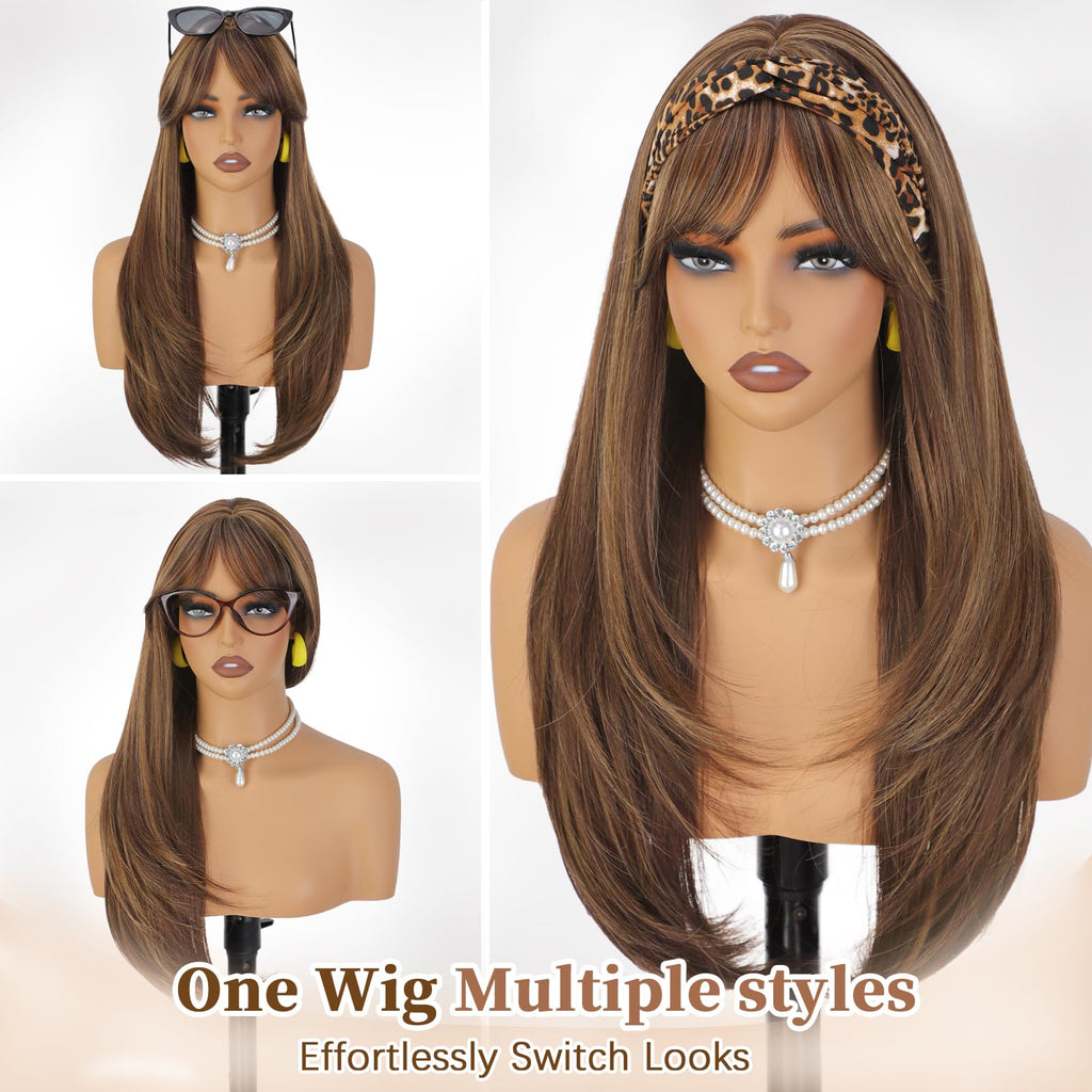 XIXIBI Wig with Bangs for Women,Long Straight,Brown Blonde Highlight