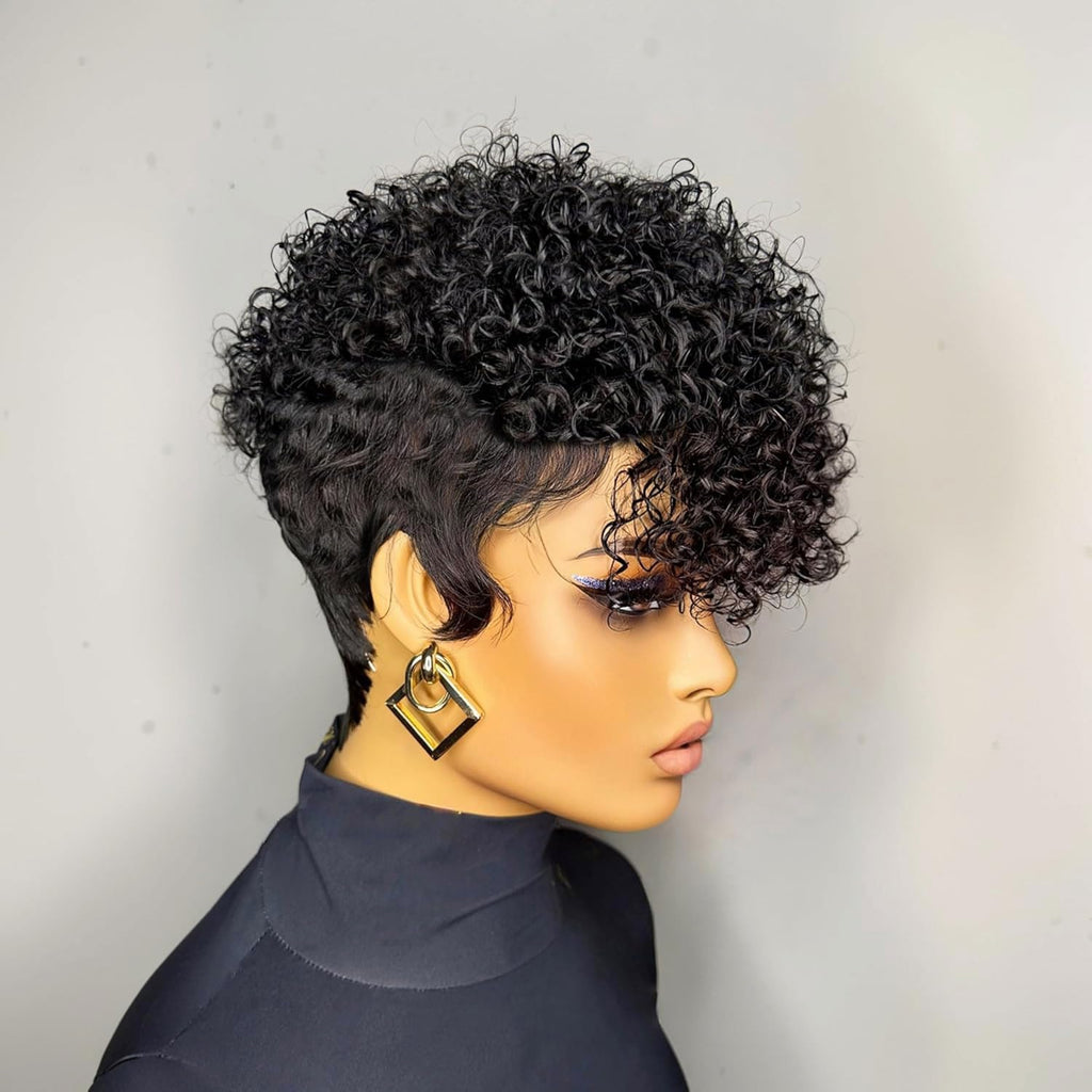VRZ Pixie Cut Wigs for Black Women Brazilian Curly Pixie Cut Wig Human Hair Glueless Short Layered Wigs With Bangs Natural Black Color No Glue Human Hair Wig for Daily Use