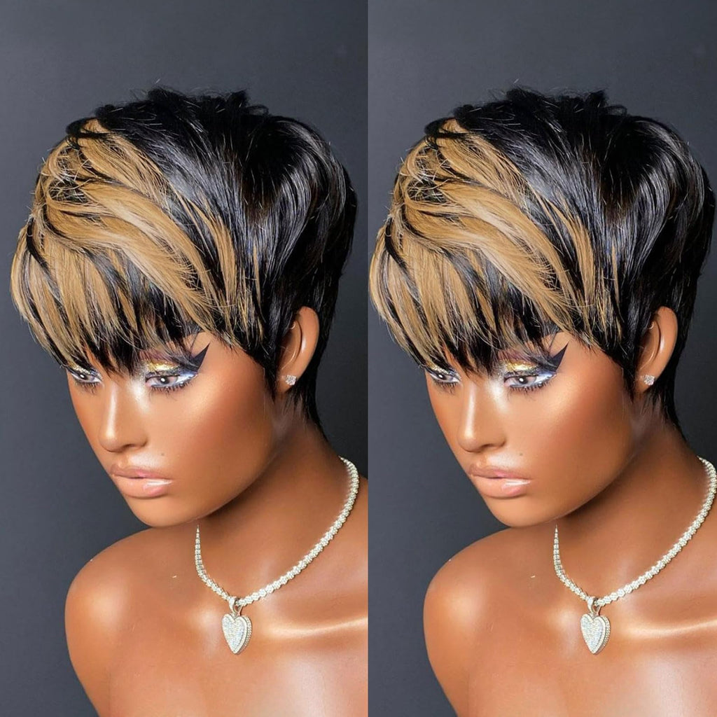 VRZ Pixie Cut Wigs for Black Women Brazilian Curly Pixie Cut Wig Human Hair Glueless Short Layered Wigs With Bangs Natural Black Color No Glue Human Hair Wig for Daily Use