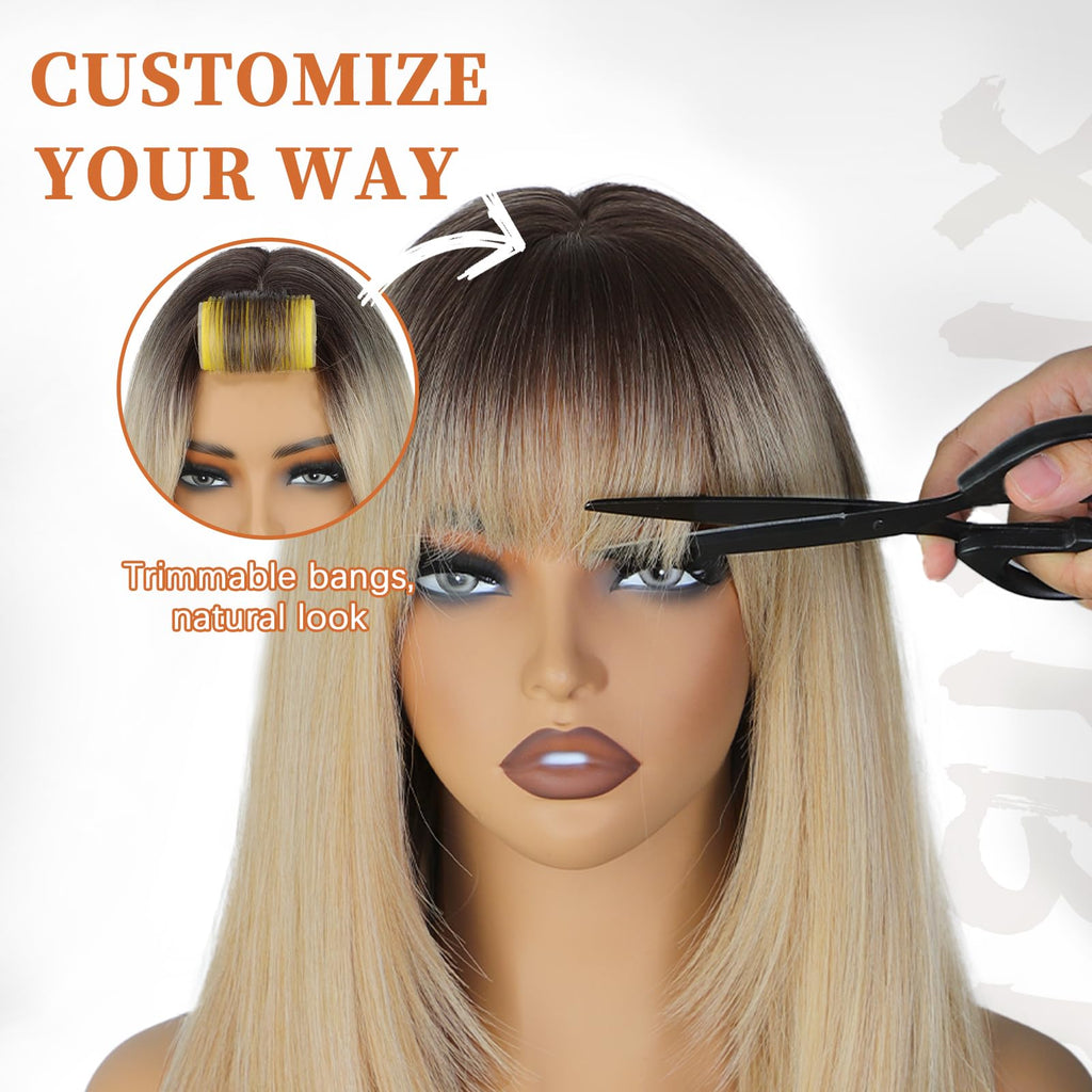 XIXIBI Wig with Bangs for Women,Long Straight,Brown Blonde Highlight