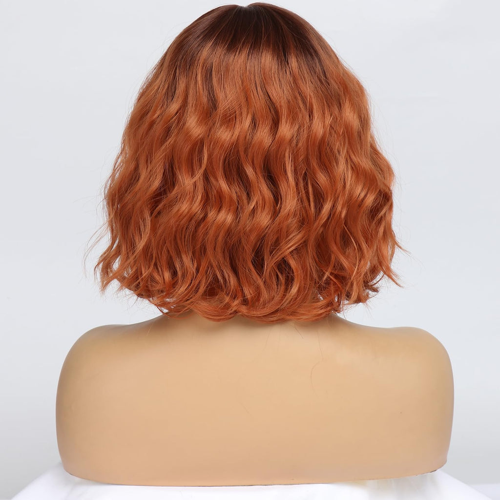 Short Auburn Wigs for Women Dark Ginger Wig with Bangs Wigs Natural Looking Curly Hair Medium Length Synthetic Bob Wig Wavy Colorful Wigs（14 Inches）