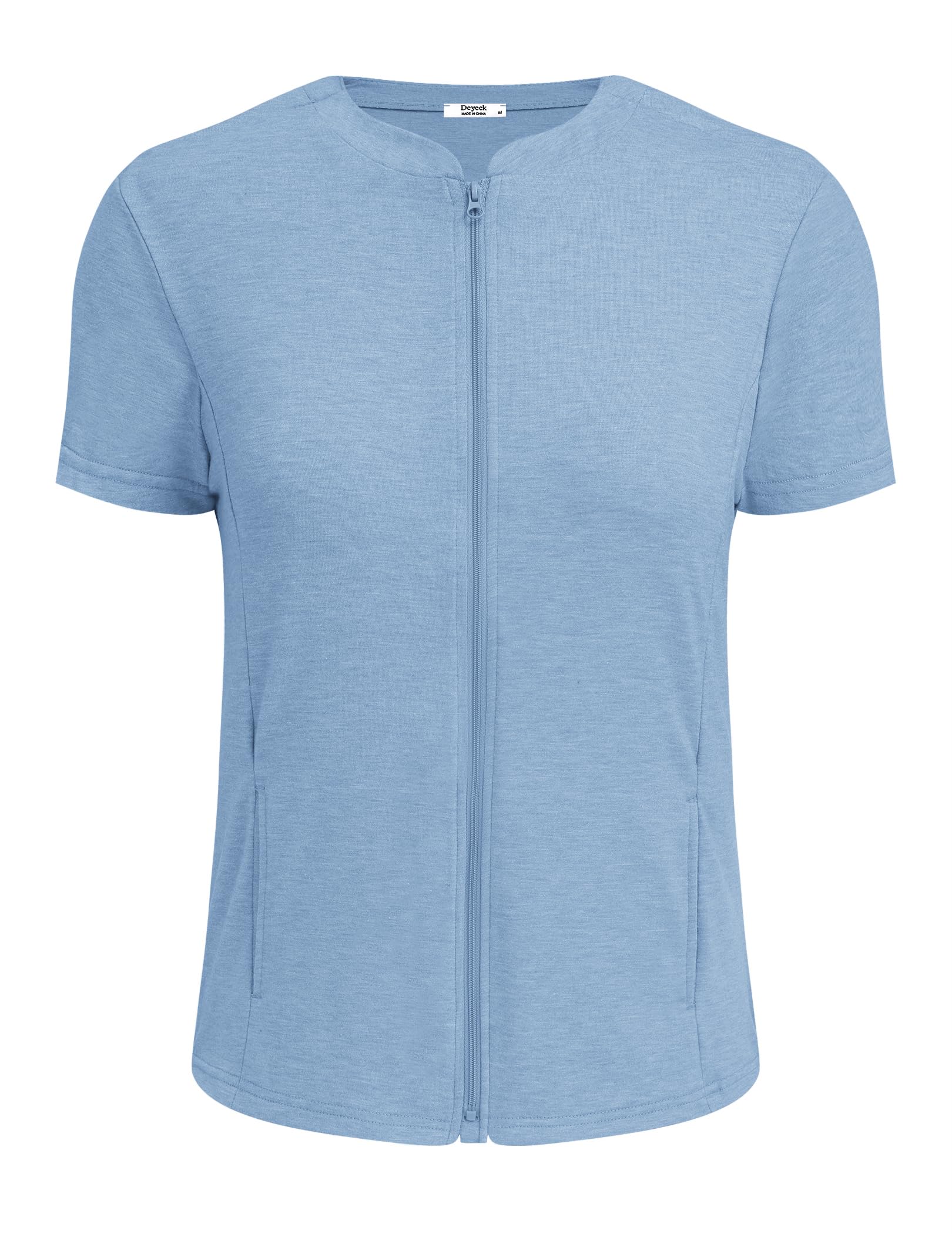 Deyeek Mastectomy Shirts with Drain Pockets Post Shoulder Surgery Tops for Women Chemo Port Short Sleeve with Zippers