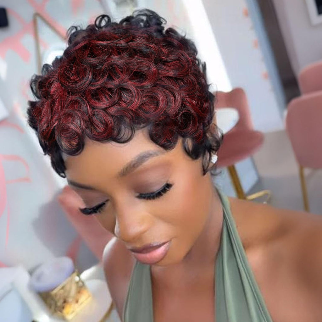 VRZ Pixie Cut Wigs for Black Women Brazilian Curly Pixie Cut Wig Human Hair Glueless Short Layered Wigs With Bangs Natural Black Color No Glue Human Hair Wig for Daily Use