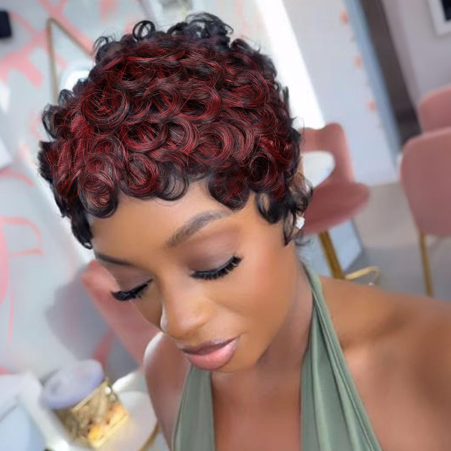 VRZ Pixie Cut Wigs for Black Women Brazilian Curly Pixie Cut Wig Human Hair Glueless Short Layered Wigs With Bangs Natural Black Color No Glue Human Hair Wig for Daily Use