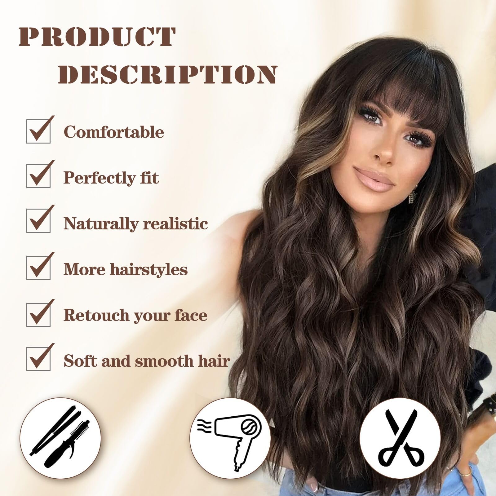Lativ Ombre Blonde Brown Wig with Bangs Long Wavy Curly Wig with Brown End
