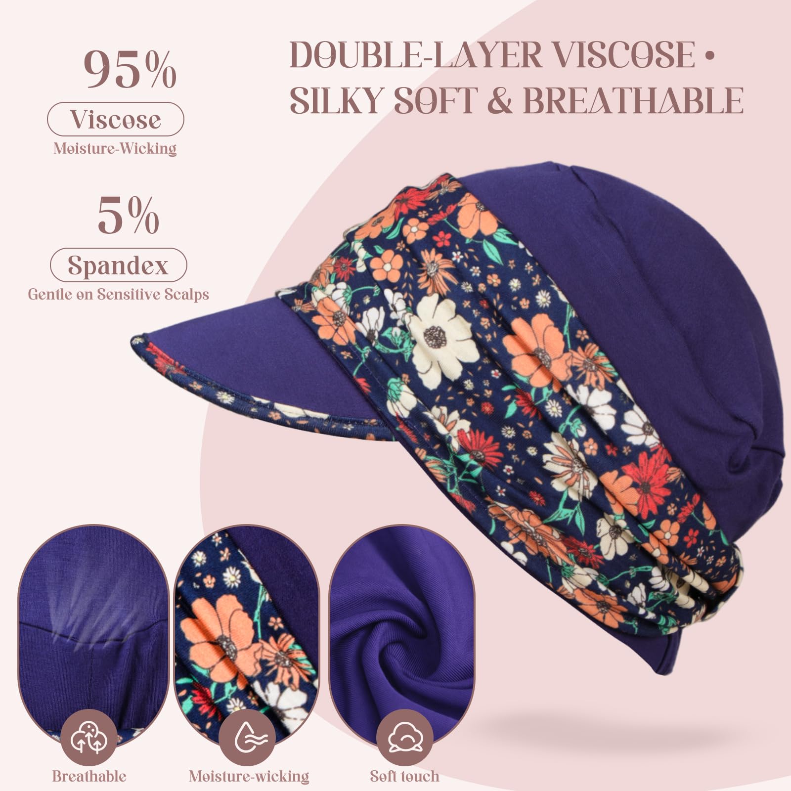 4 Pcs Stretch Chemo Headwear for Women, Soft Cancer Headwear, Viscose Newsboy Cap Elastic Cancer Hat for Hair Loss