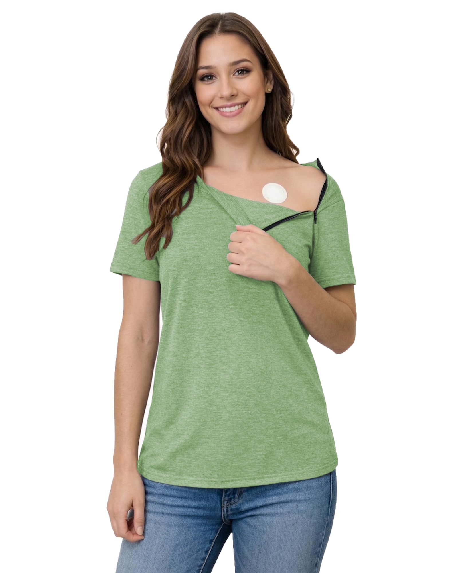Youdiao Chemo Shirts for Port Access Women Post Shoulder Surgery Shirts with 2 Hidden Side Zippers Short Sleeve Tear Away Top