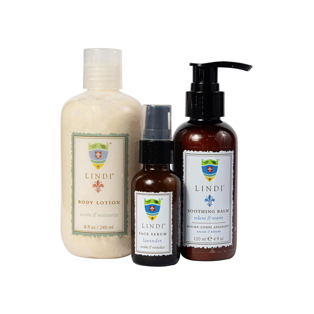 Essential Chemo Skincare Set by Lindi Skin - 3-Piece Set with Body Lotion, Soothing Balm and Citrus Face Serum for Dry, Sensitive Skin During Chemotherapy - Dermatologist and Allergy Tested