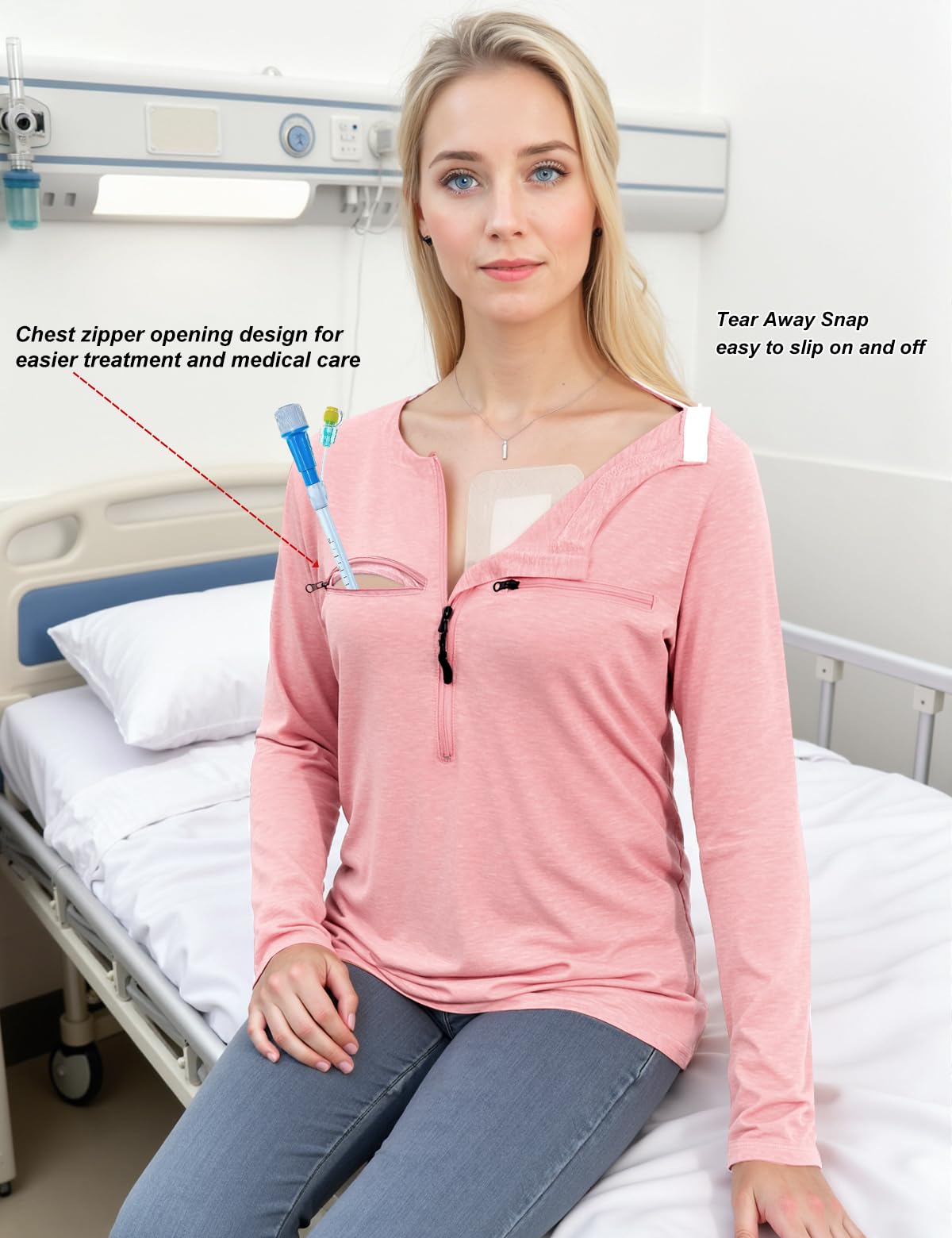 Chemo Port Shirts for Women Long Sleeve Post-Surgery Recovery with 2 Side Snaps Shoulder Surgery & Dialysis Recovery Shirts