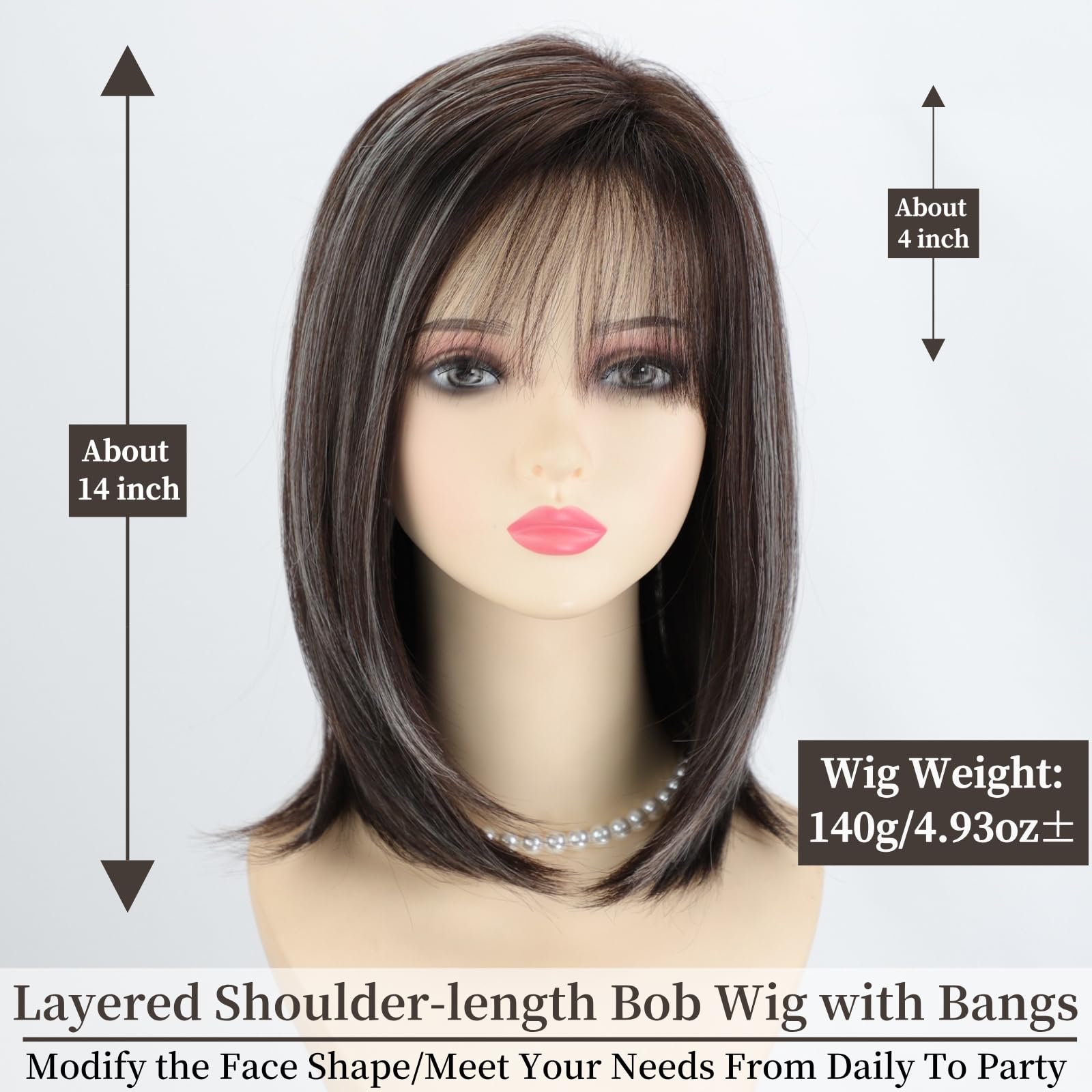 RENERSHOW Ombre Blonde Highlight Layered Bob Wig with Bangs for White Women