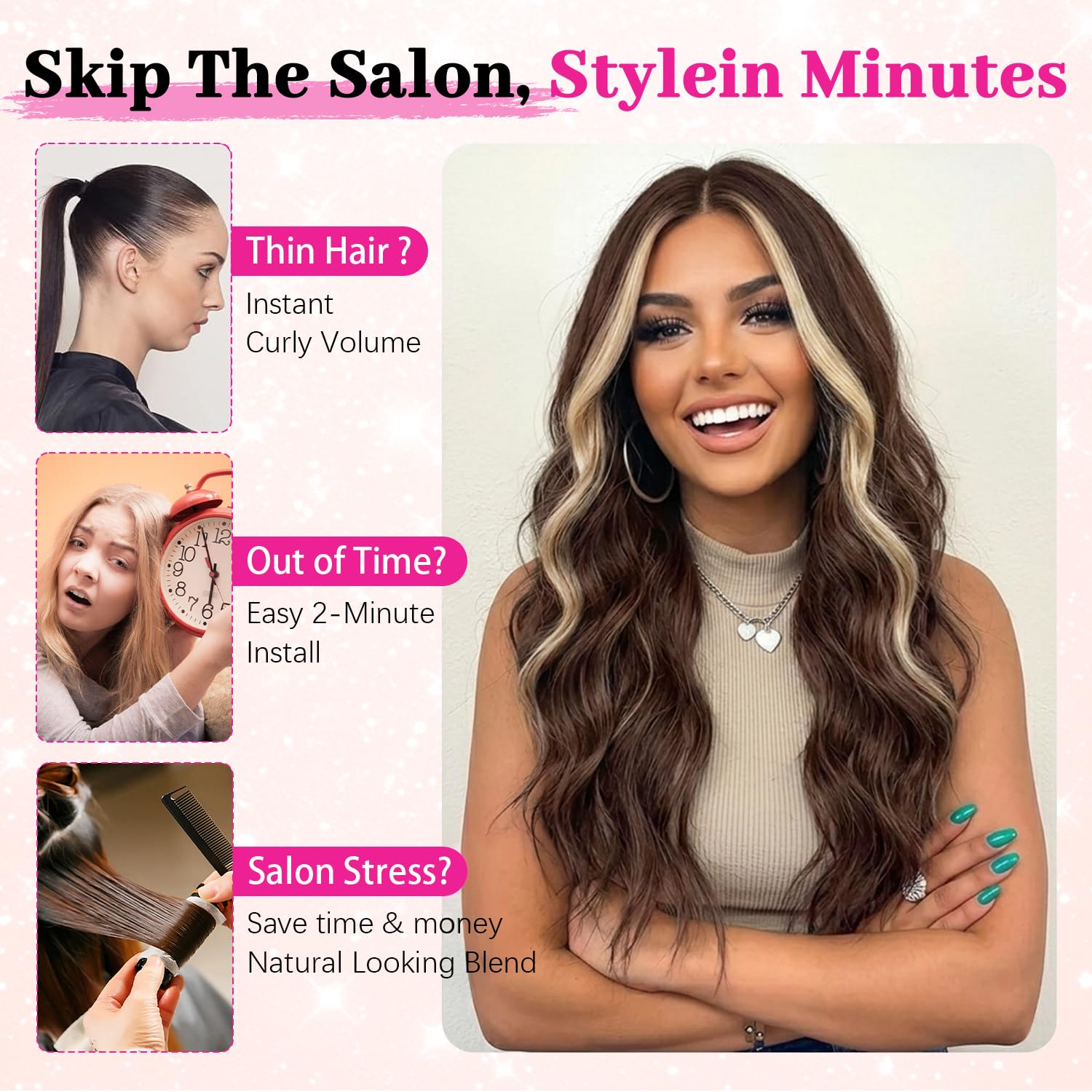 Nnzes Long Brown Mixed Blonde Wavy Wig 4x1 Lace Natural Hairline Middle Part Curly Heat-Resistant Synthetic Fiber for Women & Beginners Daily Party Use 26In