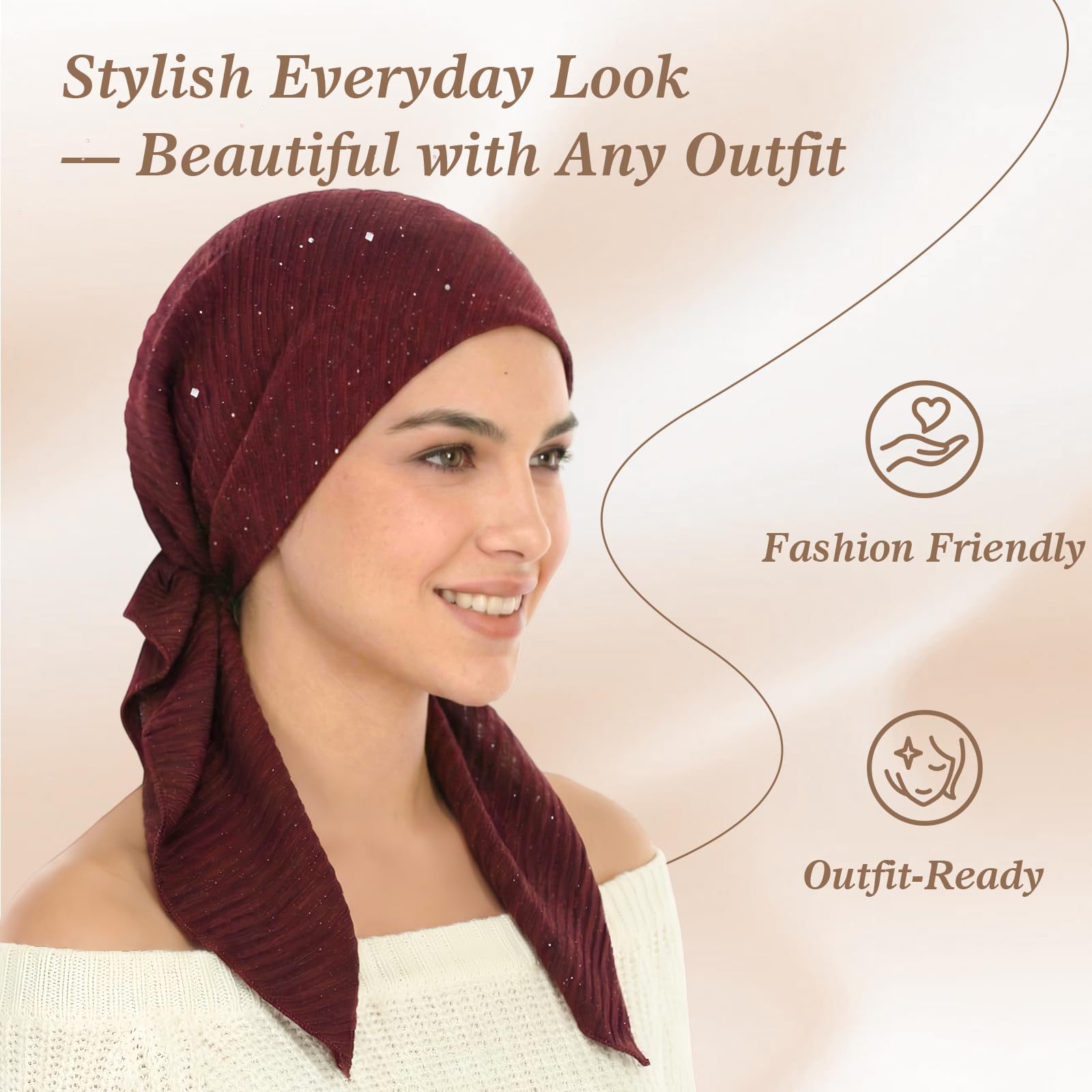 Pretied Head Scarves for Women – Fashionable Glitter Turban Head Wraps, Stylish Chemo Headwear, Elegant Hair Coverings