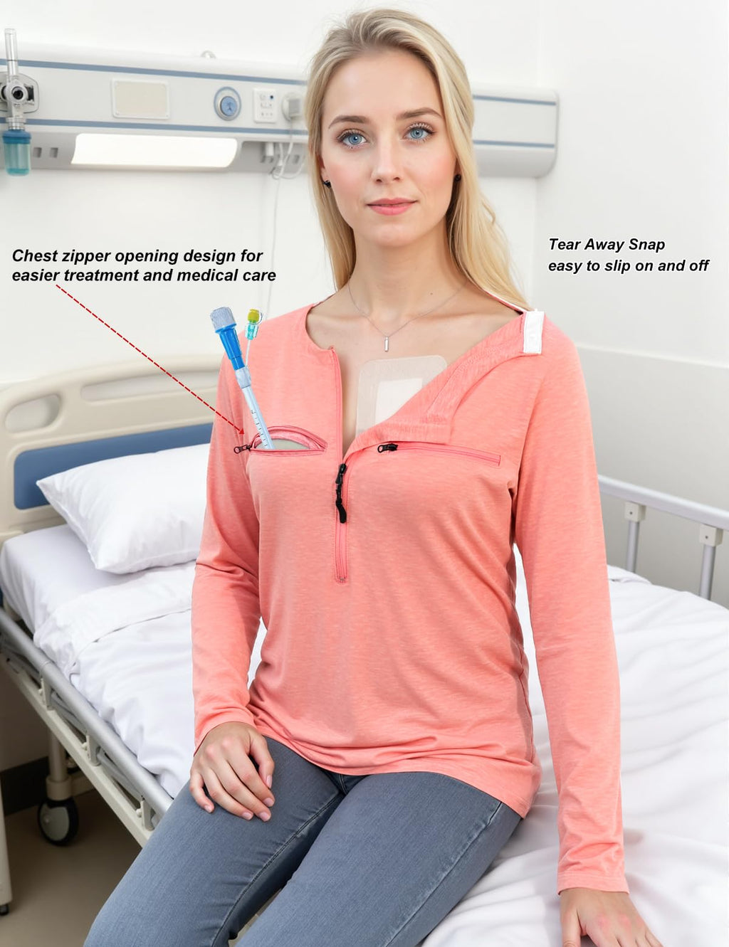 Chemo Port Shirts for Women Long Sleeve Post-Surgery Recovery with 2 Side Snaps Shoulder Surgery & Dialysis Recovery Shirts
