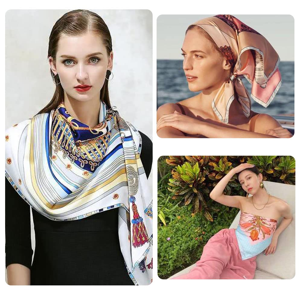 4Pcs Silk Head Scarves for Women Satin Hair Scarf 35”Large Square Bandana Silk Like Neck Scarf Shawl