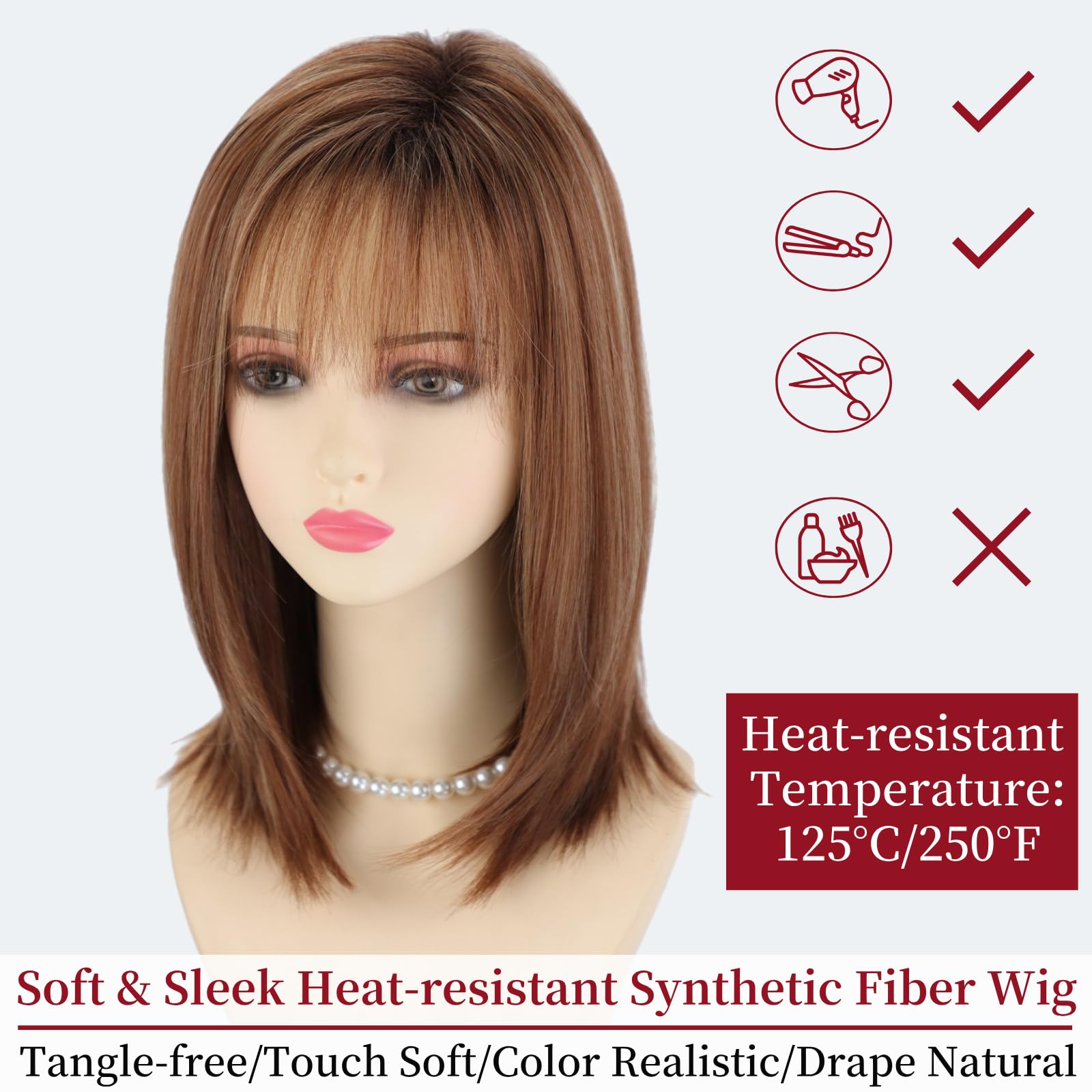 RENERSHOW Ombre Blonde Highlight Layered Bob Wig with Bangs for White Women