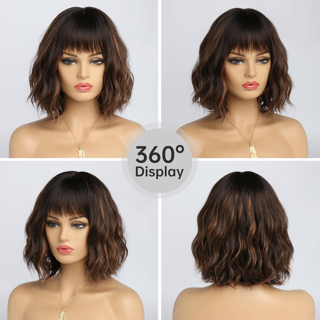 Short Auburn Wigs for Women Dark Ginger Wig with Bangs Wigs Natural Looking Curly Hair Medium Length Synthetic Bob Wig Wavy Colorful Wigs（14 Inches）