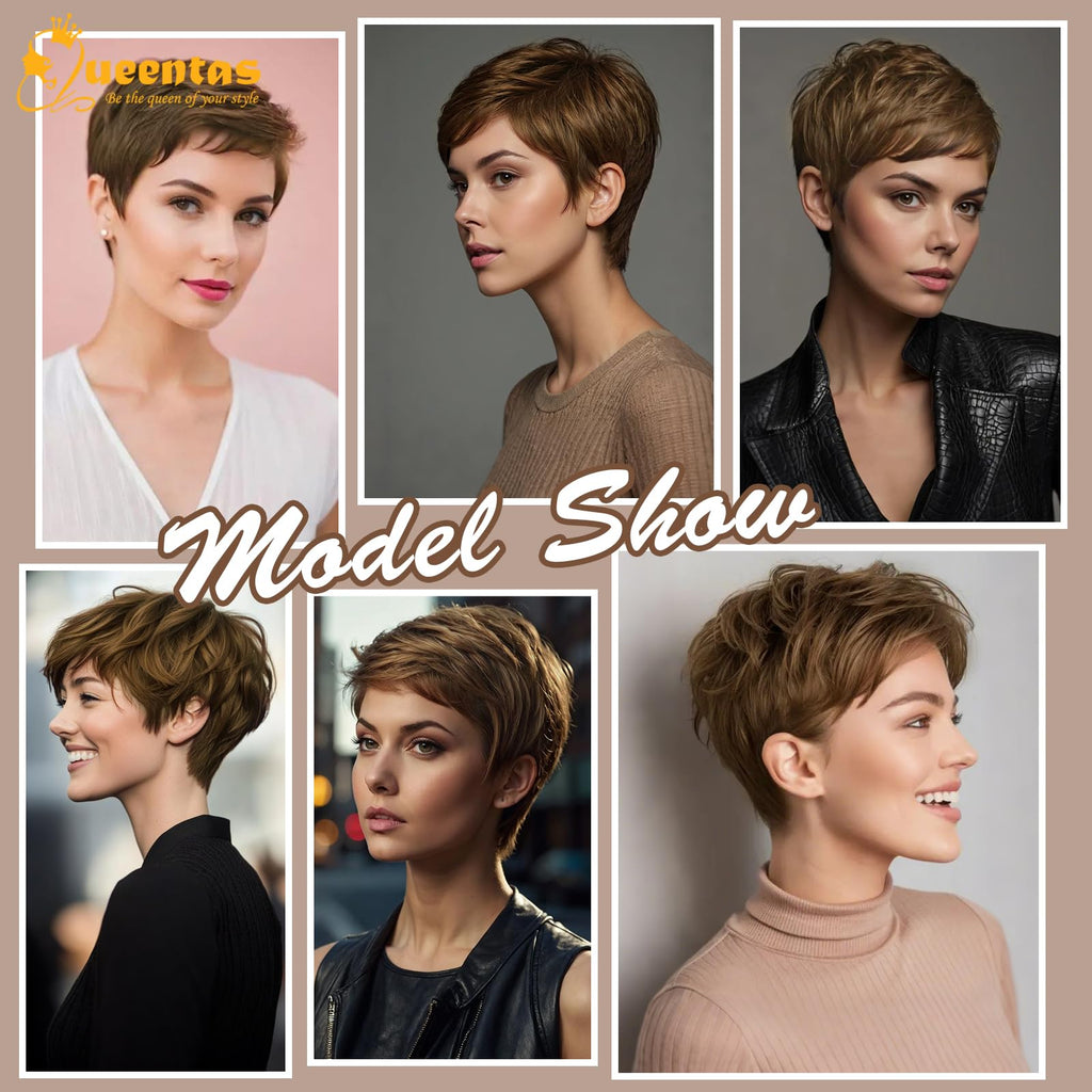 8" Layered Pixie Cut Synthetic Wig for Women Blonde Mixed Brown with Roots