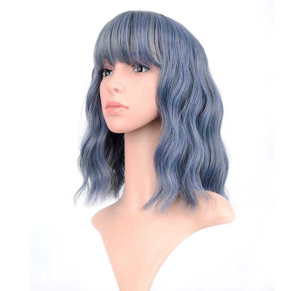 FAELBATY Blonde Wave Short Bob Wigs With Air Bangs Shoulder Length Wig For Women and Girls Curly Wavy Synthetic Cosplay Costume Wig (12" Mix blonde and gold)
