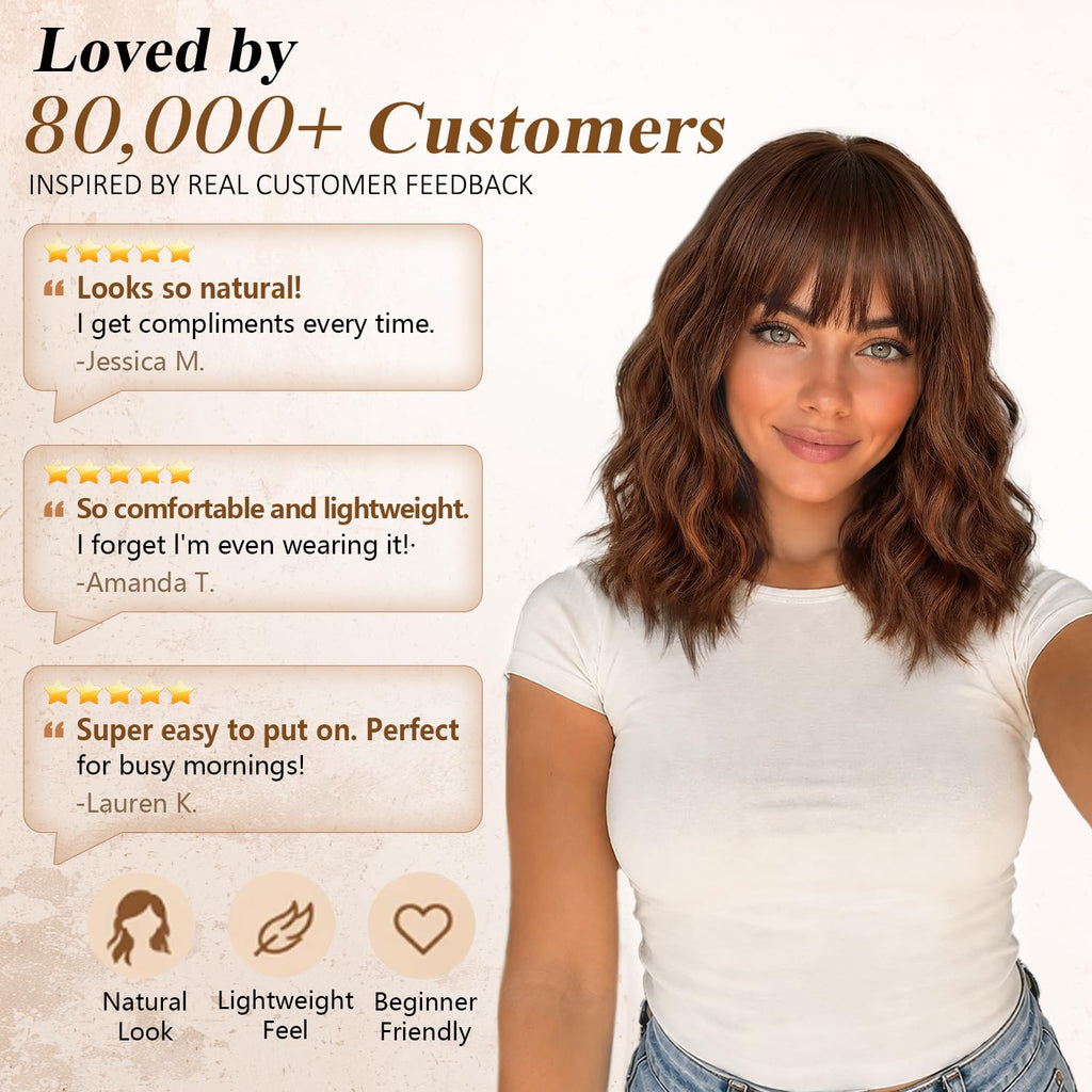 Nnzes Wig with Bangs for Women Shoulder Length Bob Wavy Women's Charming Synthetic Brown mixed Blonde Highlight Wigs with Natural Curly Heat Resistant Hair for Daily Party Use