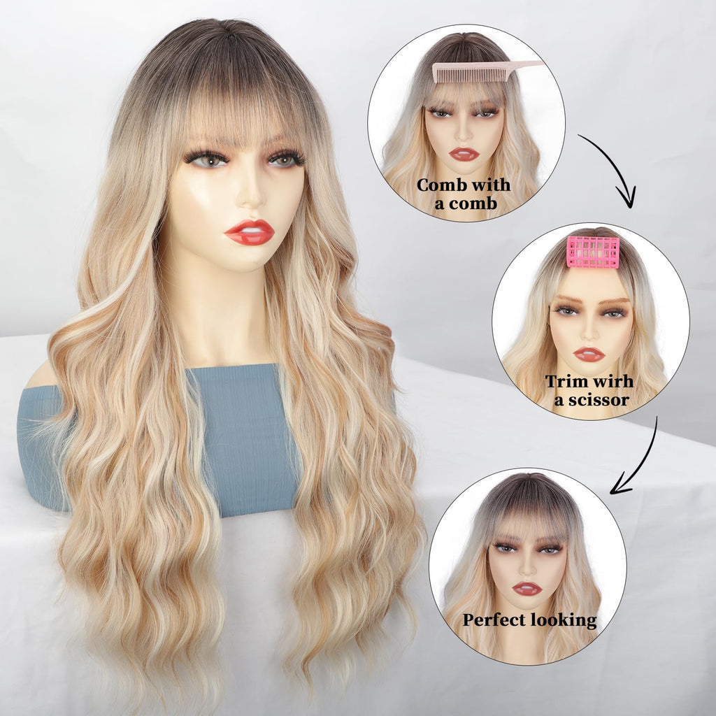 Lativ Ombre Blonde Brown Wig with Bangs Long Wavy Curly Wig with Brown End