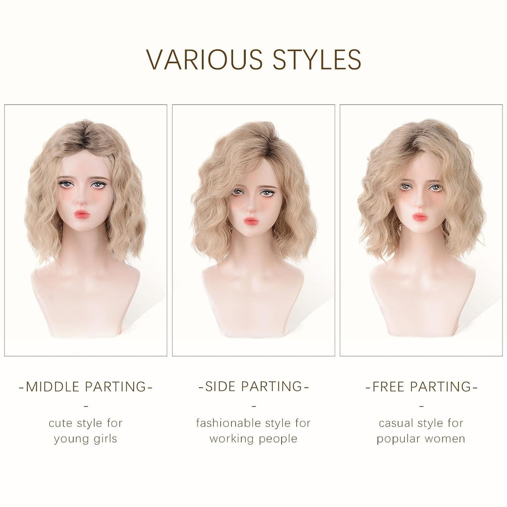 Aida ble Short Ombre Ash Blonde Wavy Wigs for Women 14 Inch Shoulder Length Curly Wavy Bob Wig Synthetic Natural Hair Wig for Daily Party Use (Ash Blonde, 14 inch)