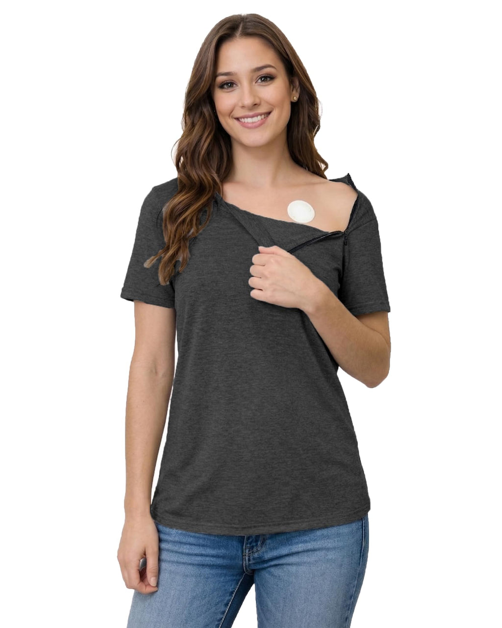 Youdiao Chemo Shirts for Port Access Women Post Shoulder Surgery Shirts with 2 Hidden Side Zippers Short Sleeve Tear Away Top