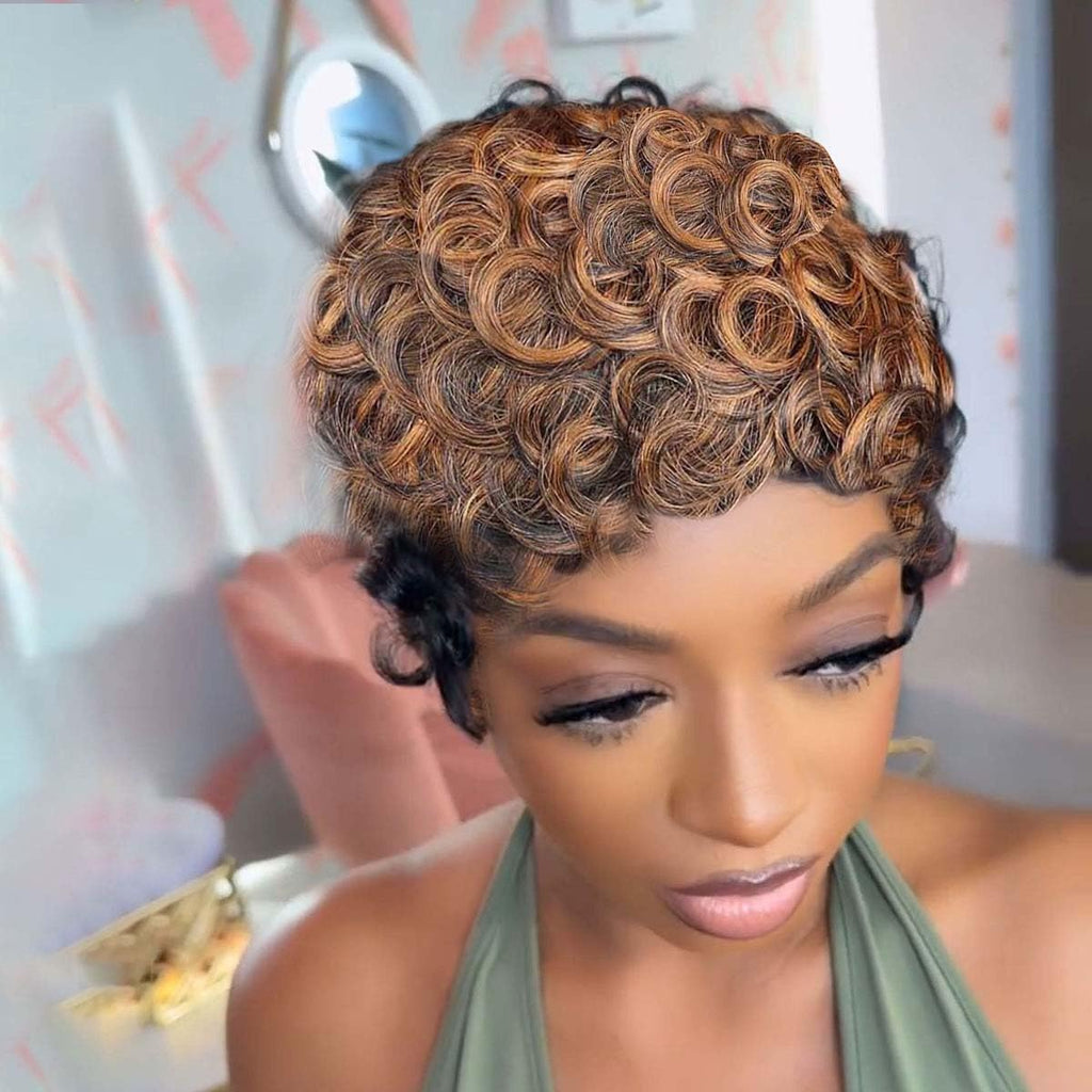VRZ Pixie Cut Wigs for Black Women Brazilian Curly Pixie Cut Wig Human Hair Glueless Short Layered Wigs With Bangs Natural Black Color No Glue Human Hair Wig for Daily Use