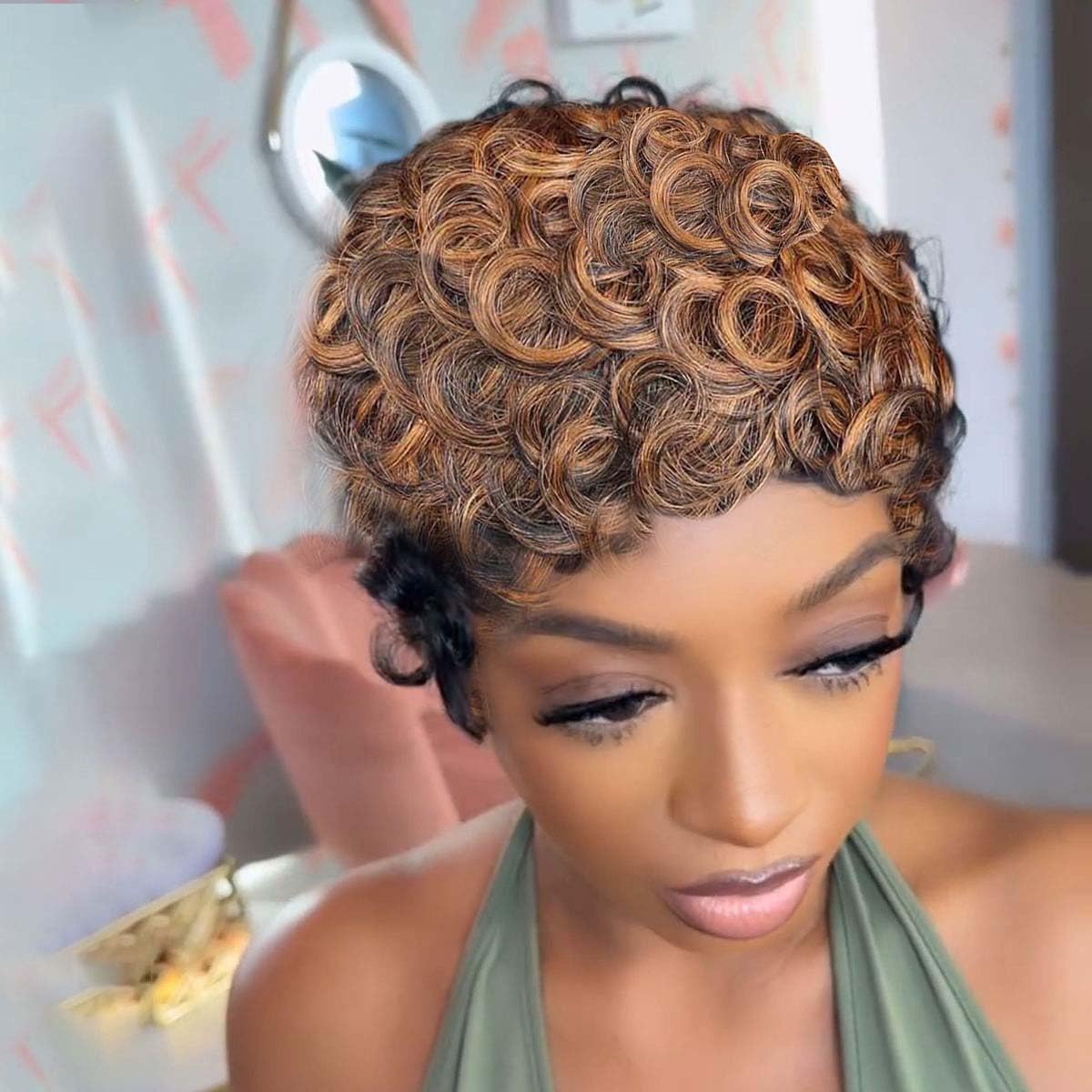 VRZ Pixie Cut Wigs for Black Women Brazilian Curly Pixie Cut Wig Human Hair Glueless Short Layered Wigs With Bangs Natural Black Color No Glue Human Hair Wig for Daily Use