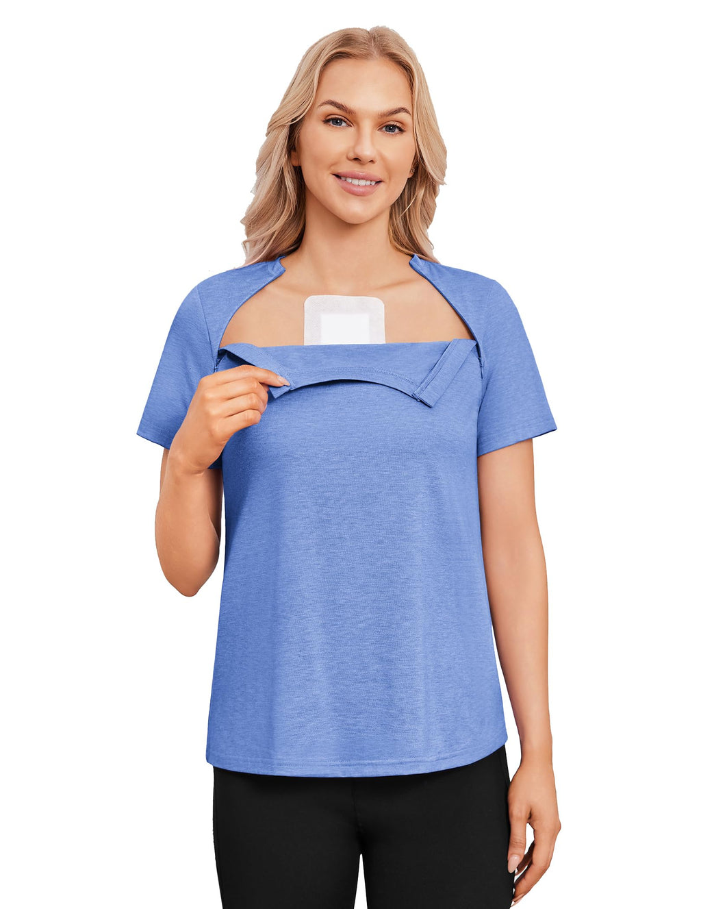 Deyeek Chemo Shirts for Port Access Women with 2 Hidden Side Zippers Post Surgery Short Sleeve Tear Away Adaptive Top Tees