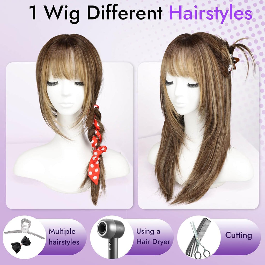 Eawwii Wig with Bangs for Women,Brown Blonde Synthetic 4x4 Scalp Wigs