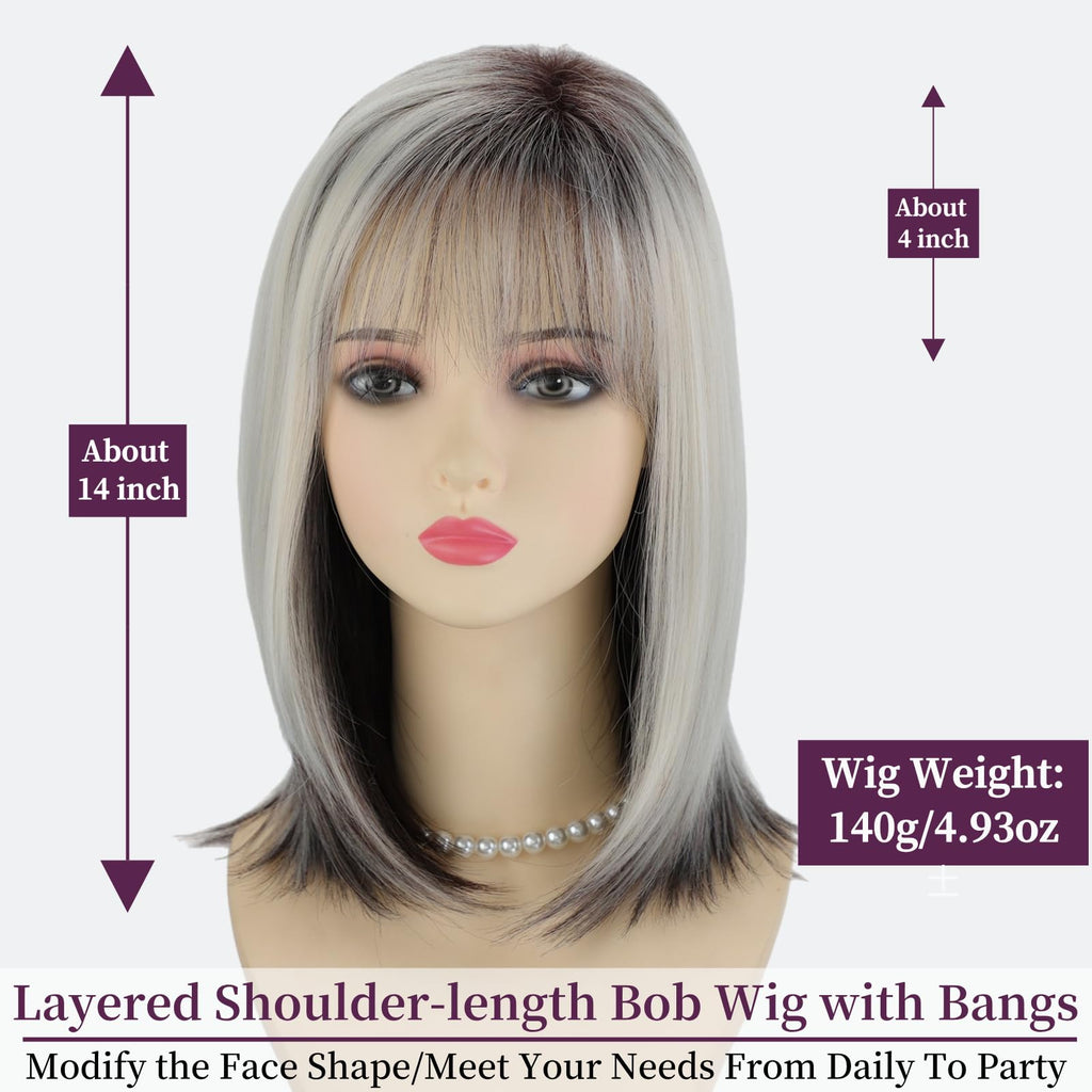 RENERSHOW Ombre Blonde Highlight Layered Bob Wig with Bangs for White Women