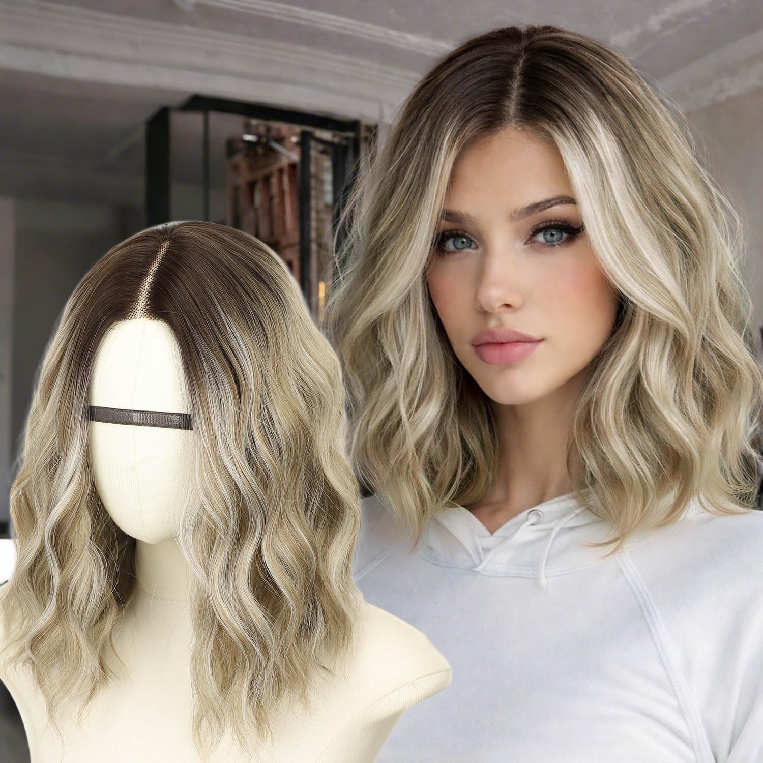 AISI HAIR 14Inch Dark to Light Blonde Wig for Women,Wave Synthetic Lace Wig