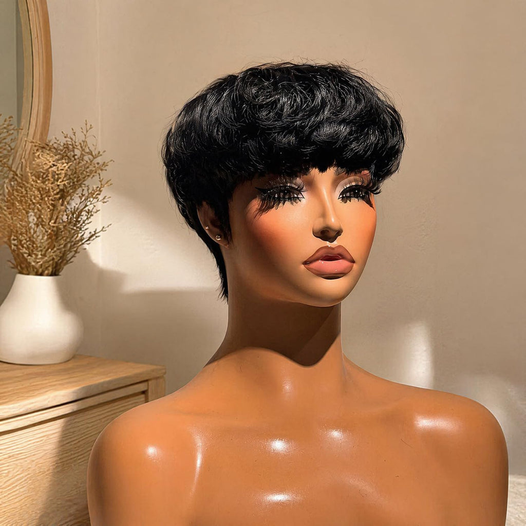VRZ Pixie Cut Wigs for Black Women Brazilian Curly Pixie Cut Wig Human Hair Glueless Short Layered Wigs With Bangs Natural Black Color No Glue Human Hair Wig for Daily Use