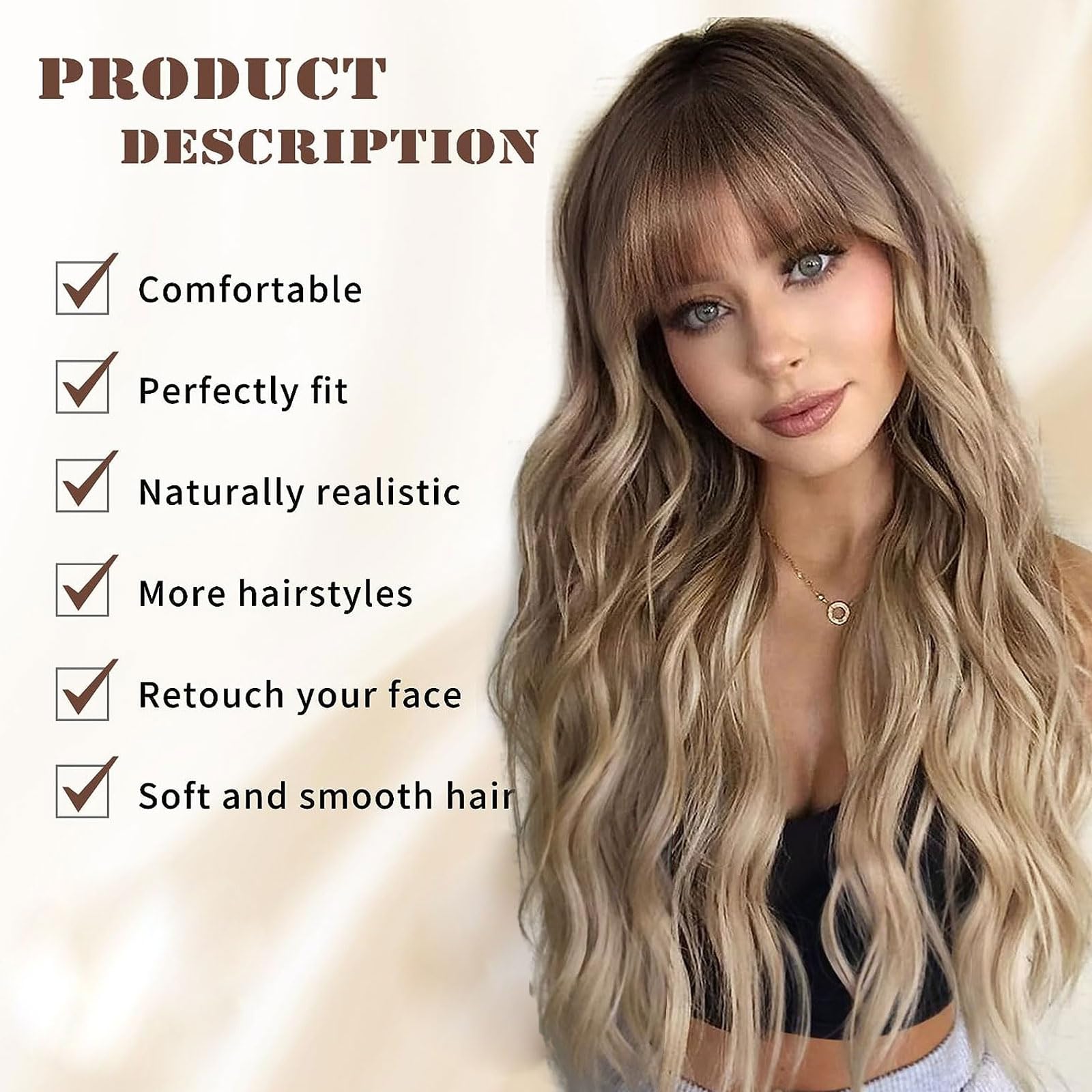 Lativ Ombre Blonde Brown Wig with Bangs Long Wavy Curly Wig with Brown End