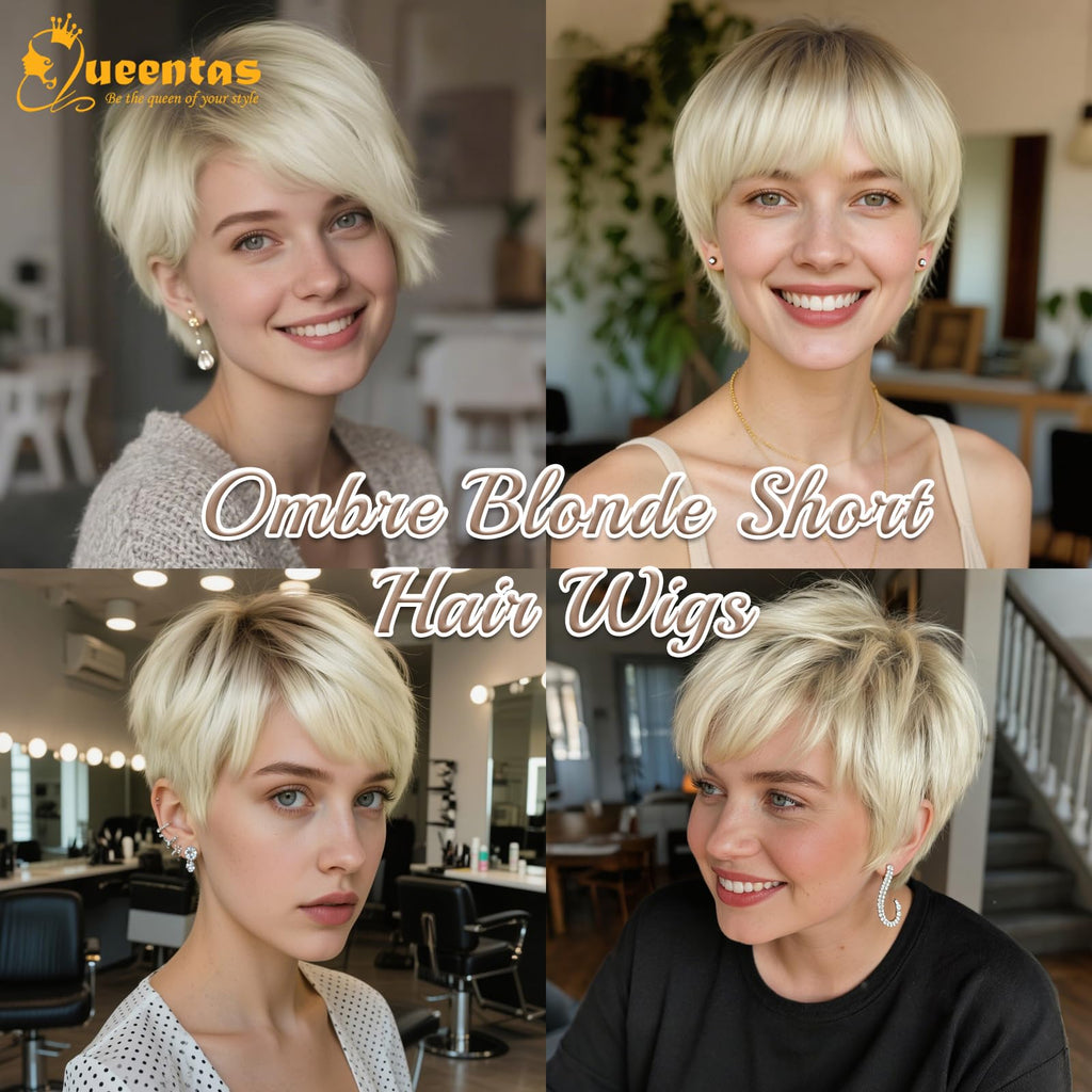 8" Layered Pixie Cut Synthetic Wig for Women Blonde Mixed Brown with Roots