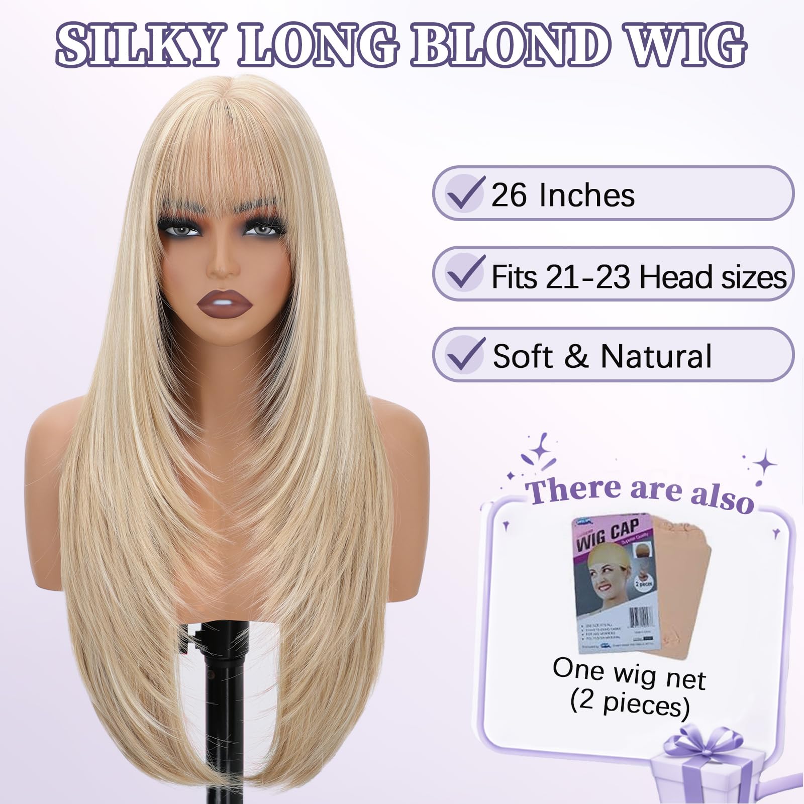 XIXIBI Wig with Bangs for Women,Long Straight,Brown Blonde Highlight
