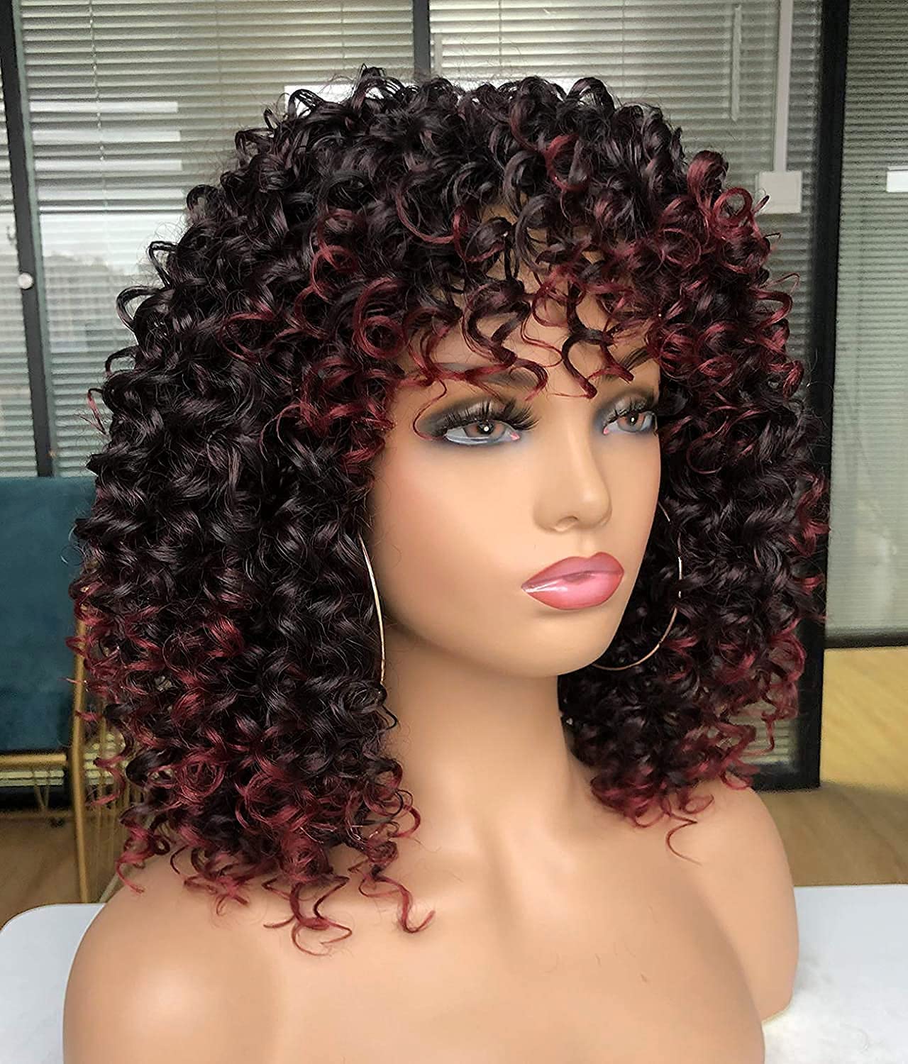 Curly Afro Wigs for Black Women Kinky Curly Wig with Bangs Synthetic Fiber Natural Looking Glueless Hair for Daily Wear