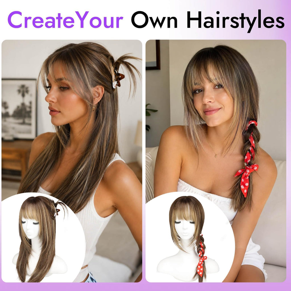 Eawwii Wig with Bangs for Women,Brown Blonde Synthetic 4x4 Scalp Wigs