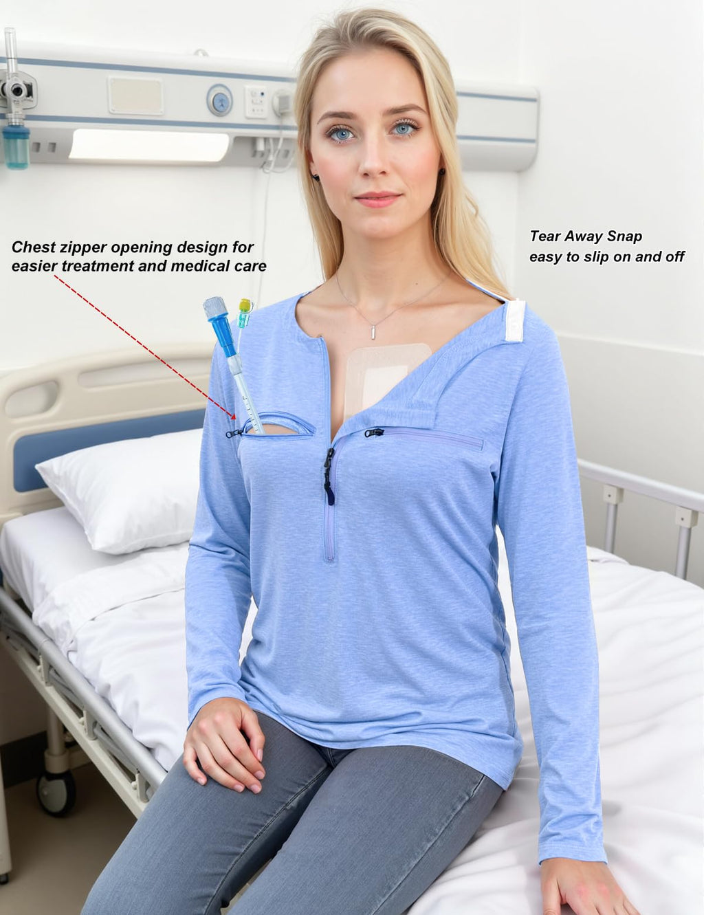 Chemo Port Shirts for Women Long Sleeve Post-Surgery Recovery with 2 Side Snaps Shoulder Surgery & Dialysis Recovery Shirts