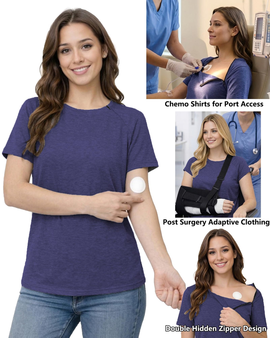 Youdiao Chemo Shirts for Port Access Women Post Shoulder Surgery Shirts with 2 Hidden Side Zippers Short Sleeve Tear Away Top