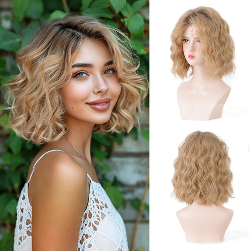 Aida ble Short Ombre Ash Blonde Wavy Wigs for Women 14 Inch Shoulder Length Curly Wavy Bob Wig Synthetic Natural Hair Wig for Daily Party Use (Ash Blonde, 14 inch)